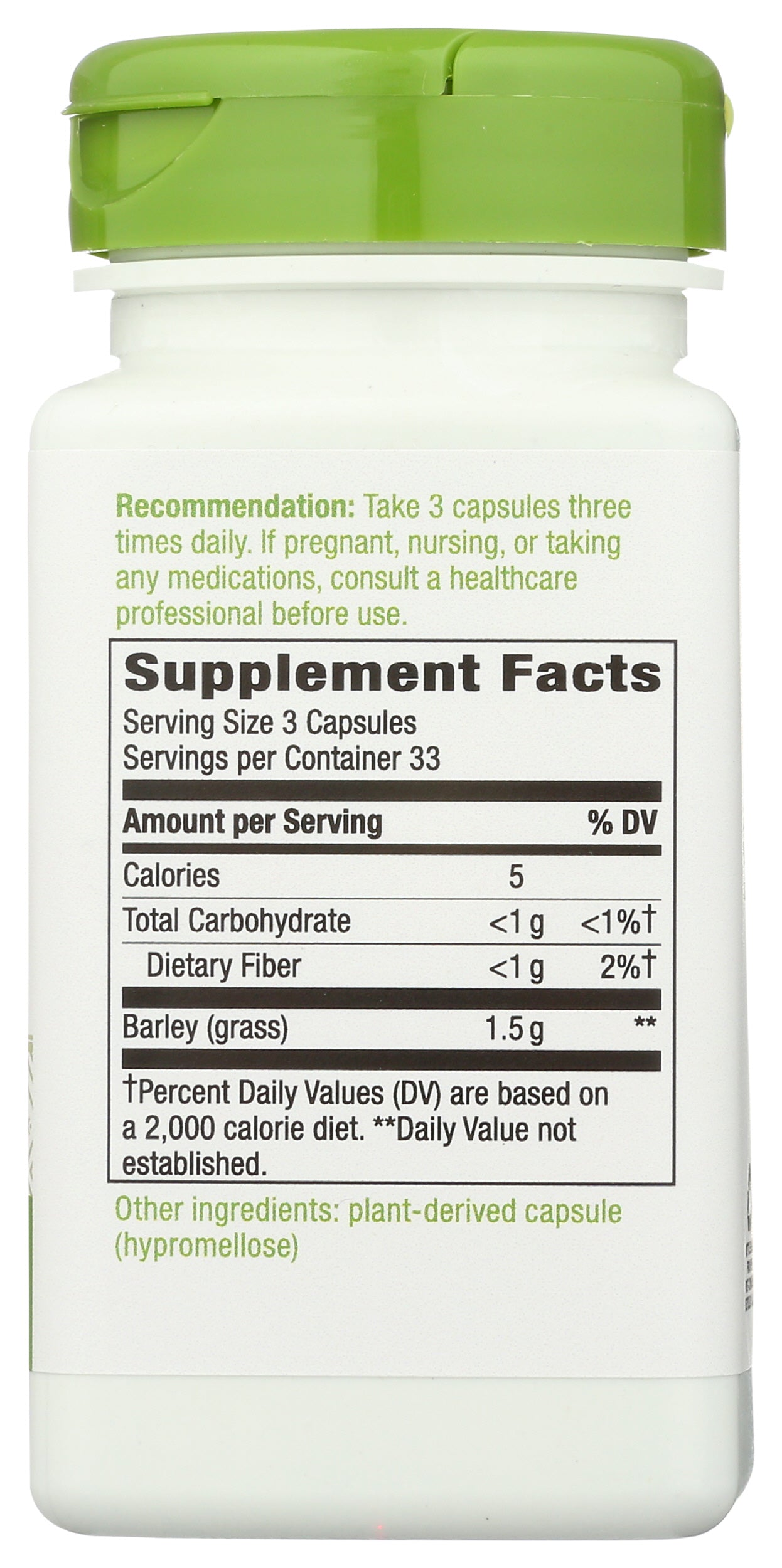 Nature's Way Barley Grass 1,500mg 100 Vegan Capsules Back of Bottle