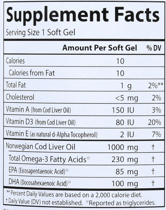 Carlson Cod Liver Oil 230 mg 150 Soft Gels Back of Bottle