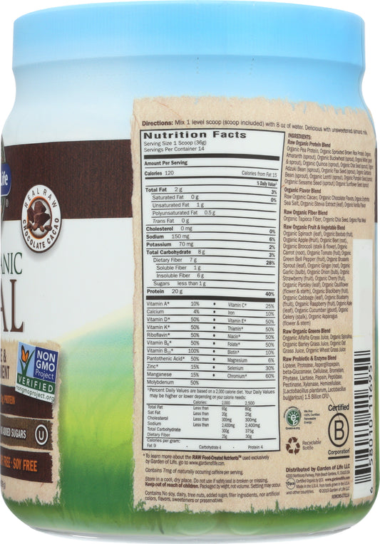 Garden of Life Raw Organic Meal Chocolate Cacao Flavor 509g Back of Tub
