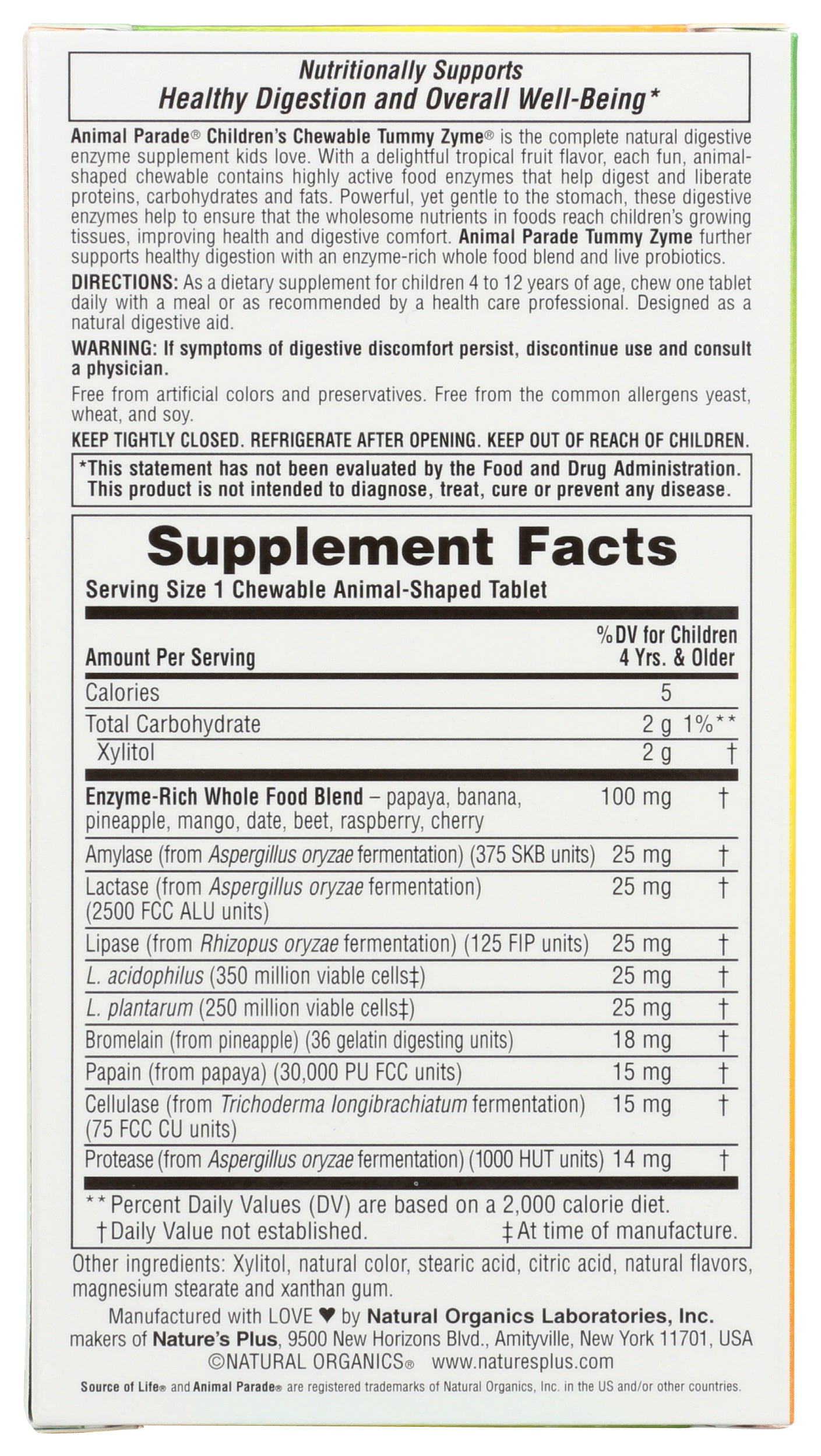 NaturesPlus Tummy Zyme Animal Parade 90 Tablets Back