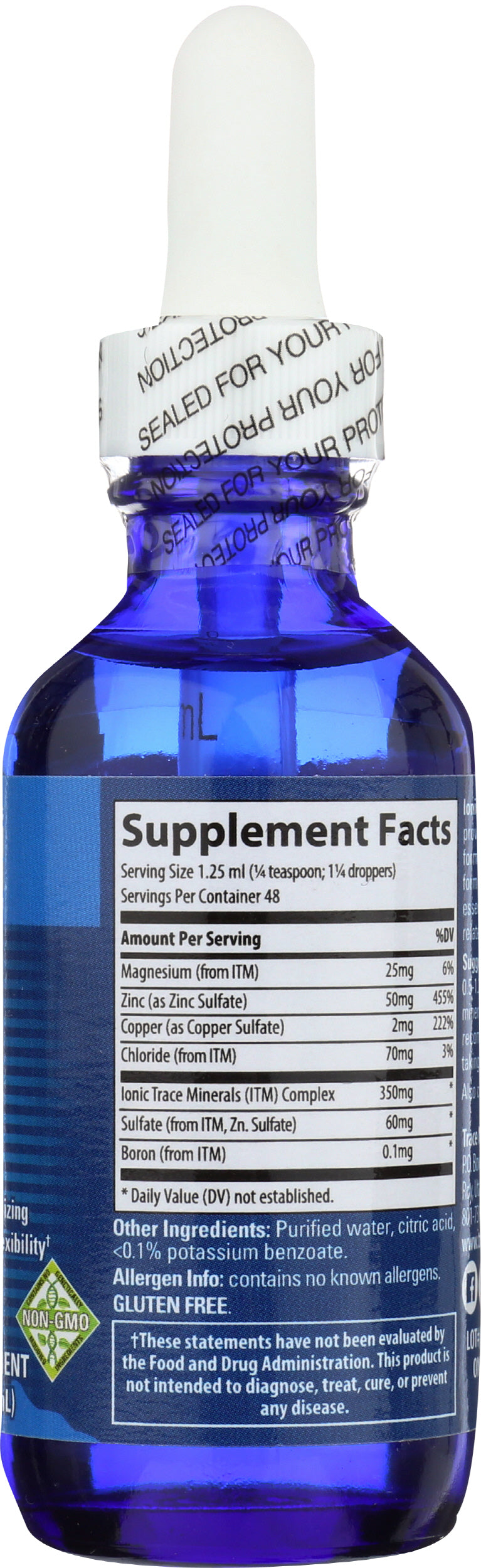 Trace Minerals Ionic Zinc 2 Fl. Oz. Back of Bottle