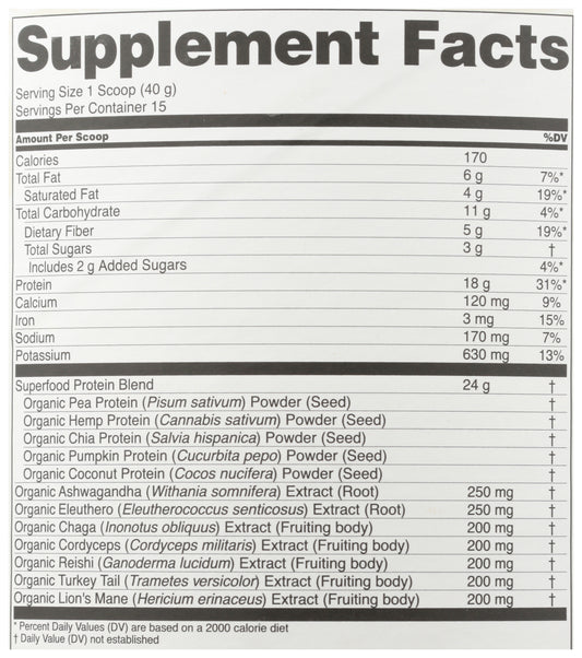 Four Sigmatic Plant-Based Protein Powder Creamy Cacao Flavor 600g Back of Can