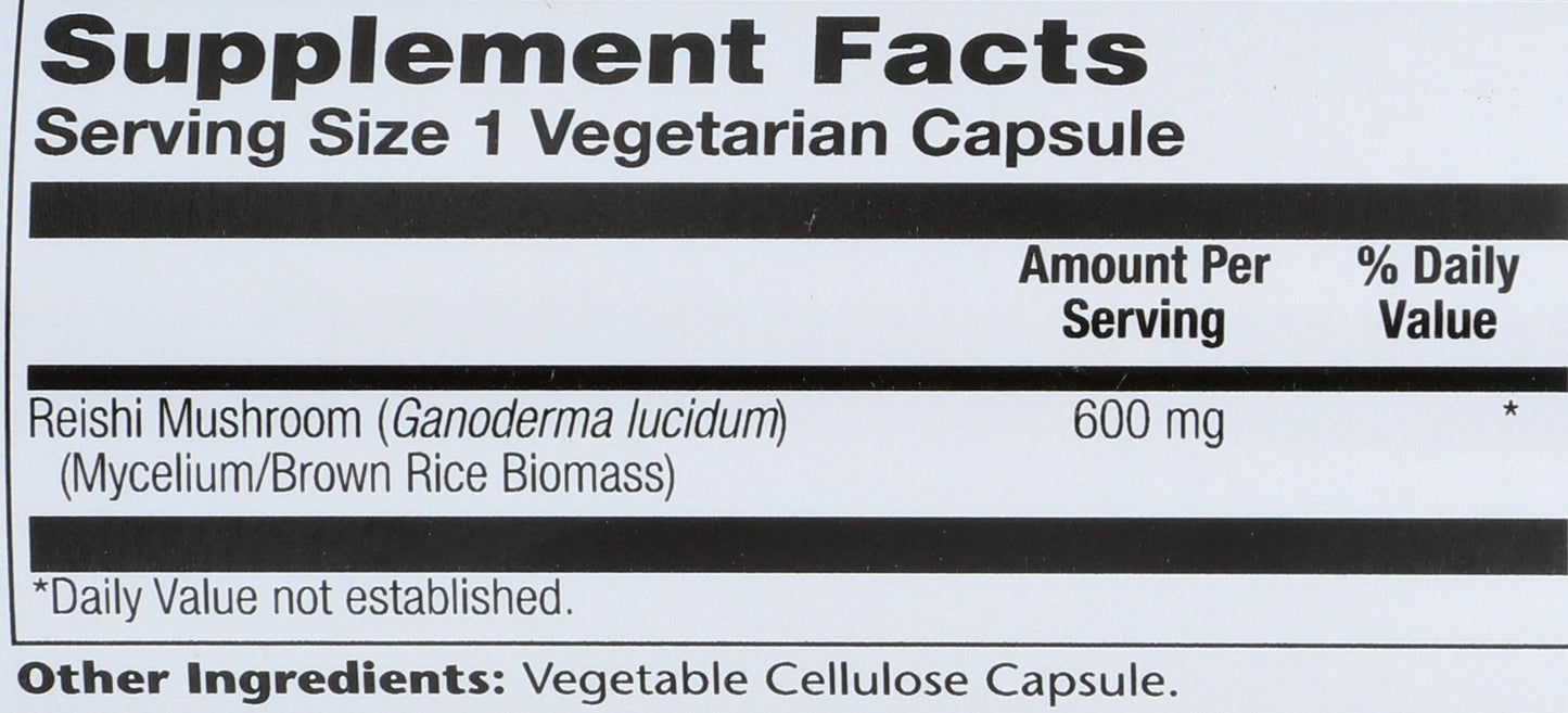 Solaray Reishi 600mg 100 VegCaps Back of Bottle