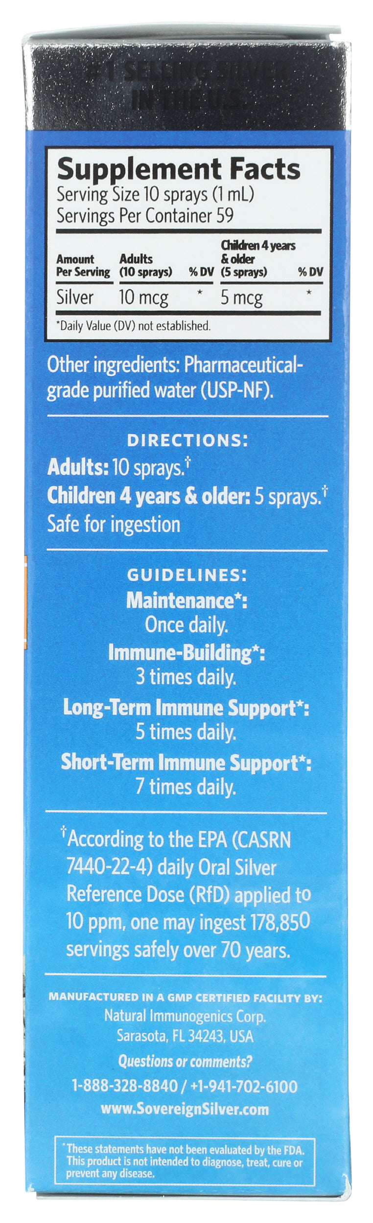 Sovereign Silver Bio-Active Silver Hydrosol Vertical Spray 2 Fl. Oz. Back of Box