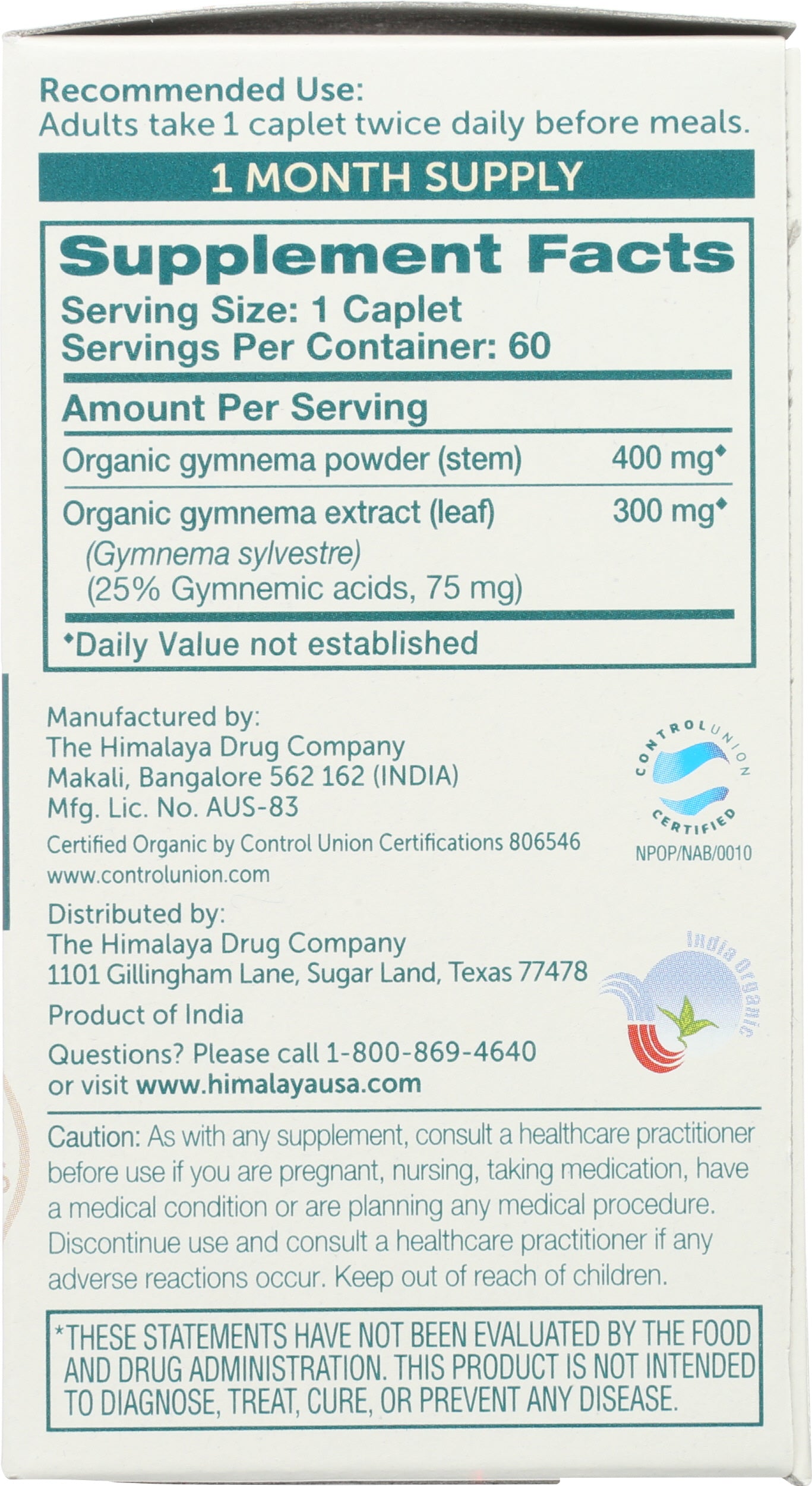 Himalaya Organic Gymnema 60 Caplets Back of Box