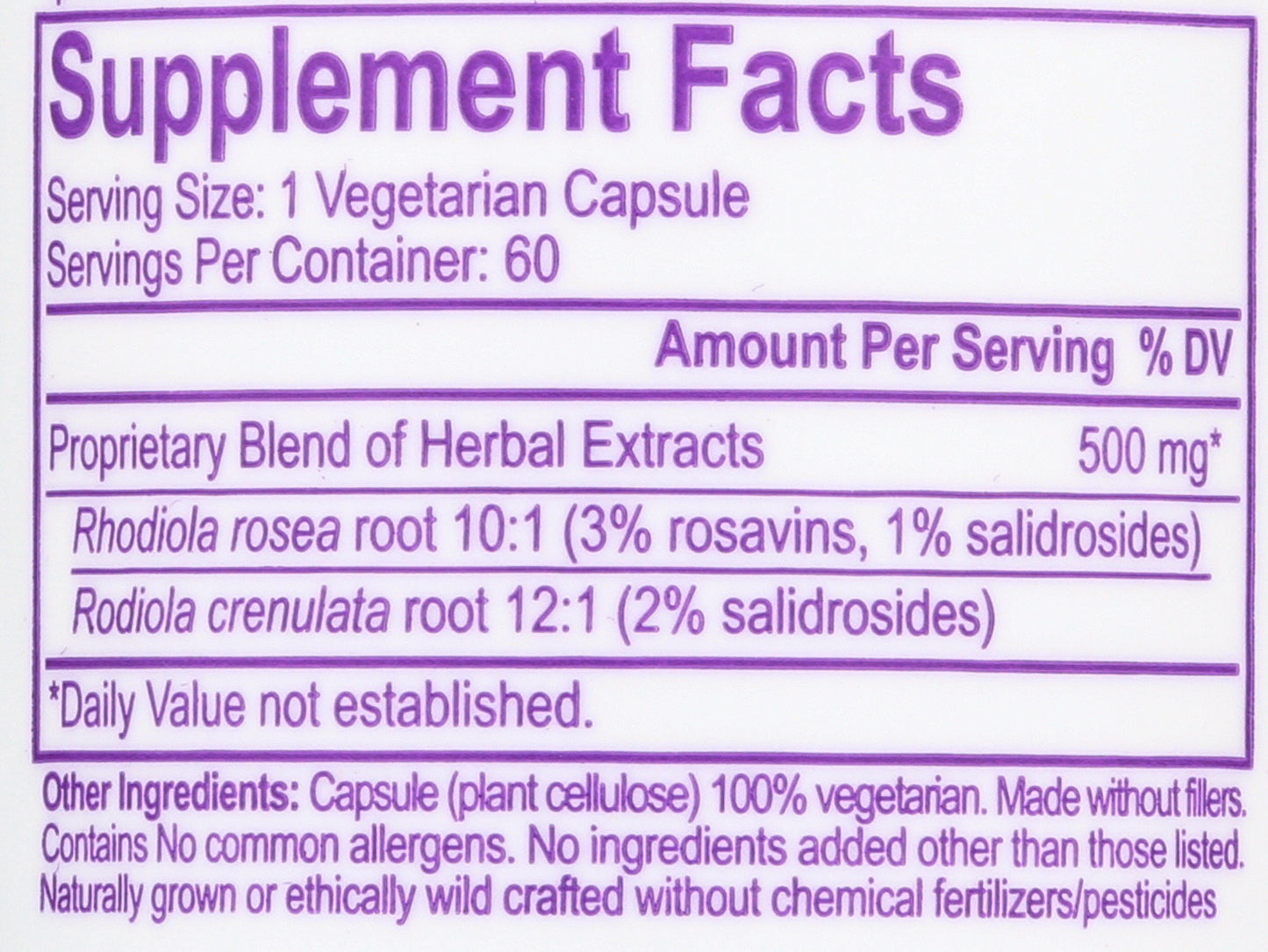 Paradise Rhodiola 60 Vegetarian Capsules Back of Bottle