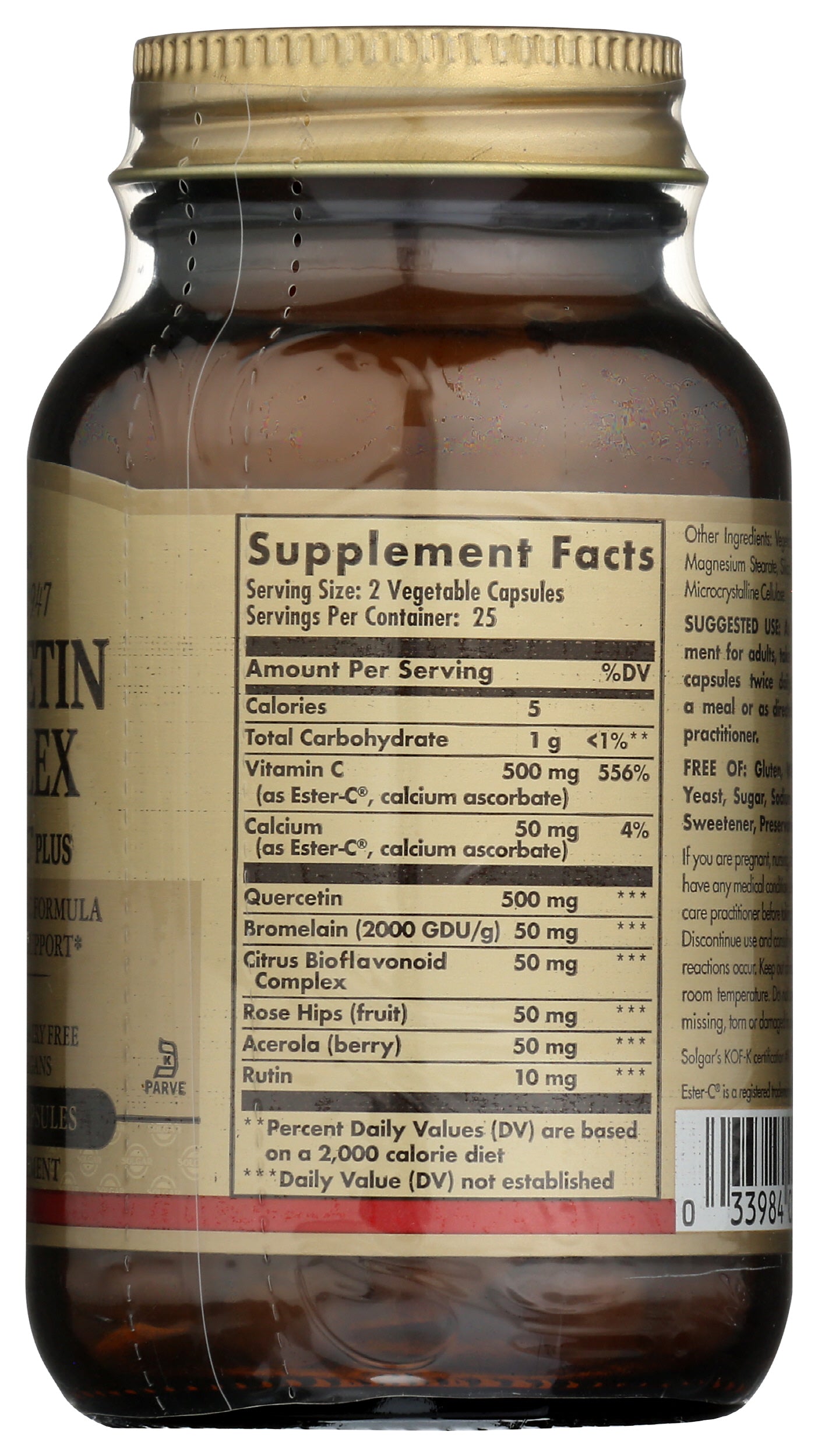 Solgar Quercetin Complex with Ester-C Plus 50 Vegetable Capsules Back of Bottle