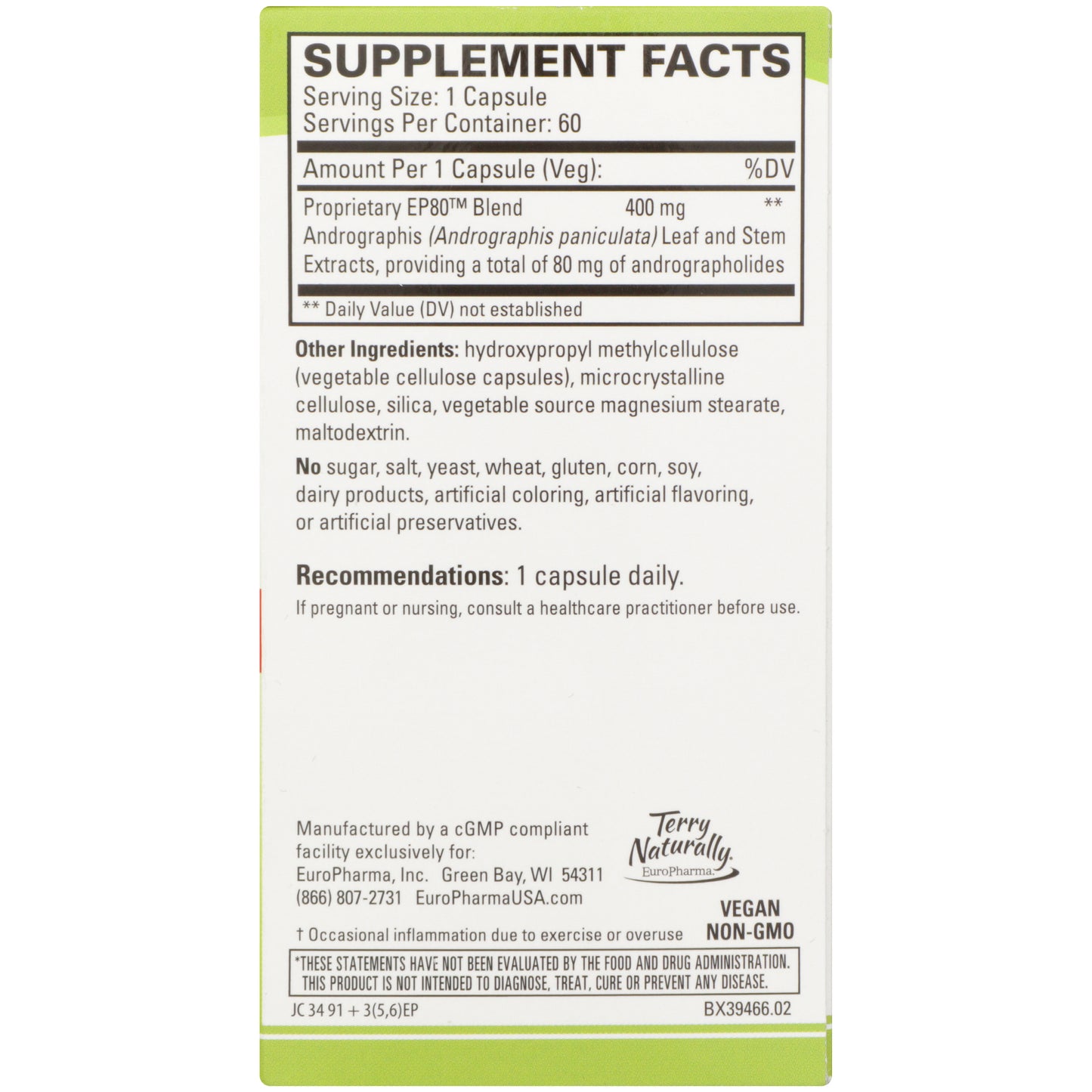 Terry Naturally Andrographis EP80 60 Capsules Back of Box