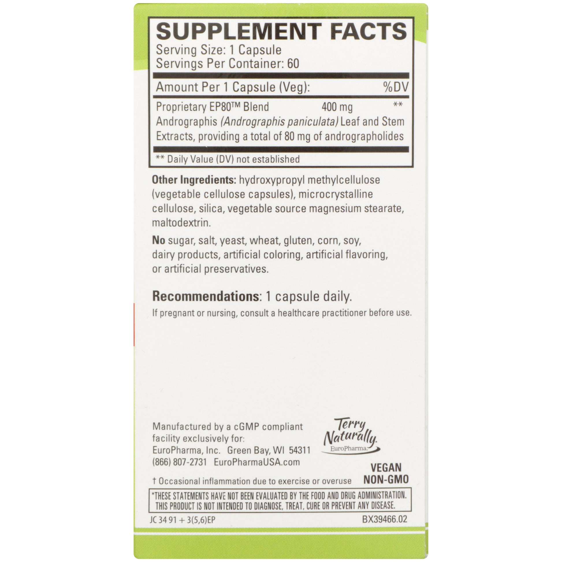 Terry Naturally Andrographis EP80 60 Capsules Back of Box