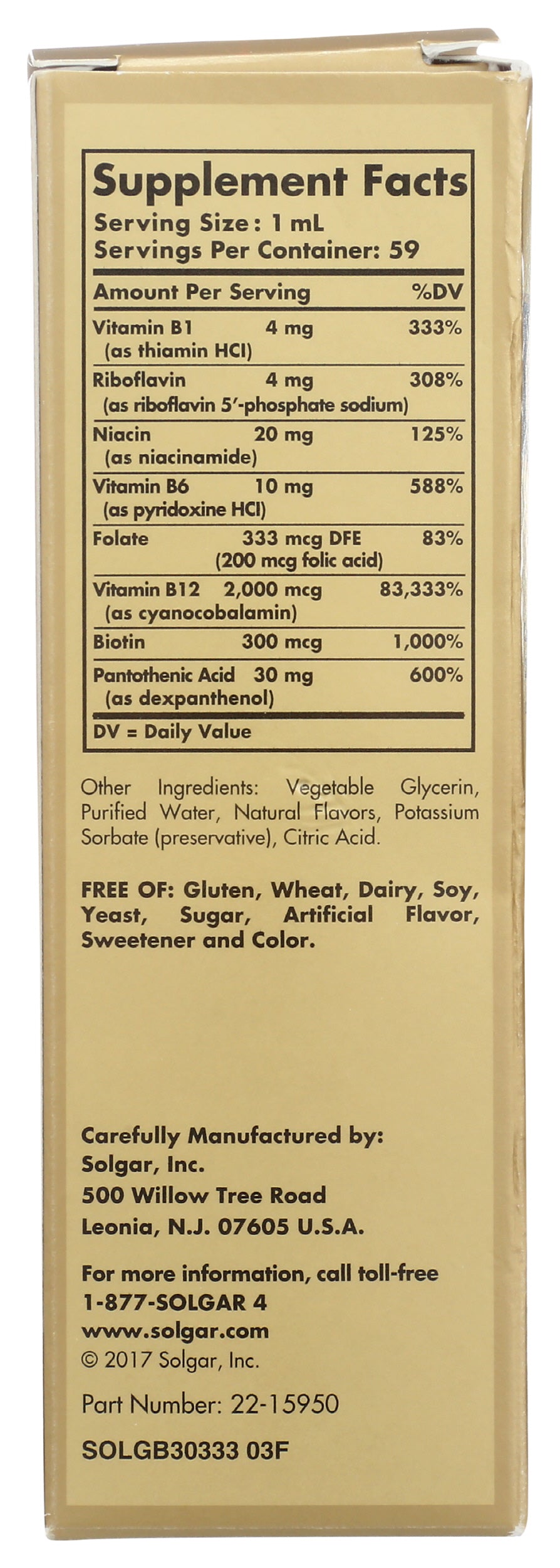 Solgar Liquid B-12 2000 mcg 2 fl oz Back of Bottle
