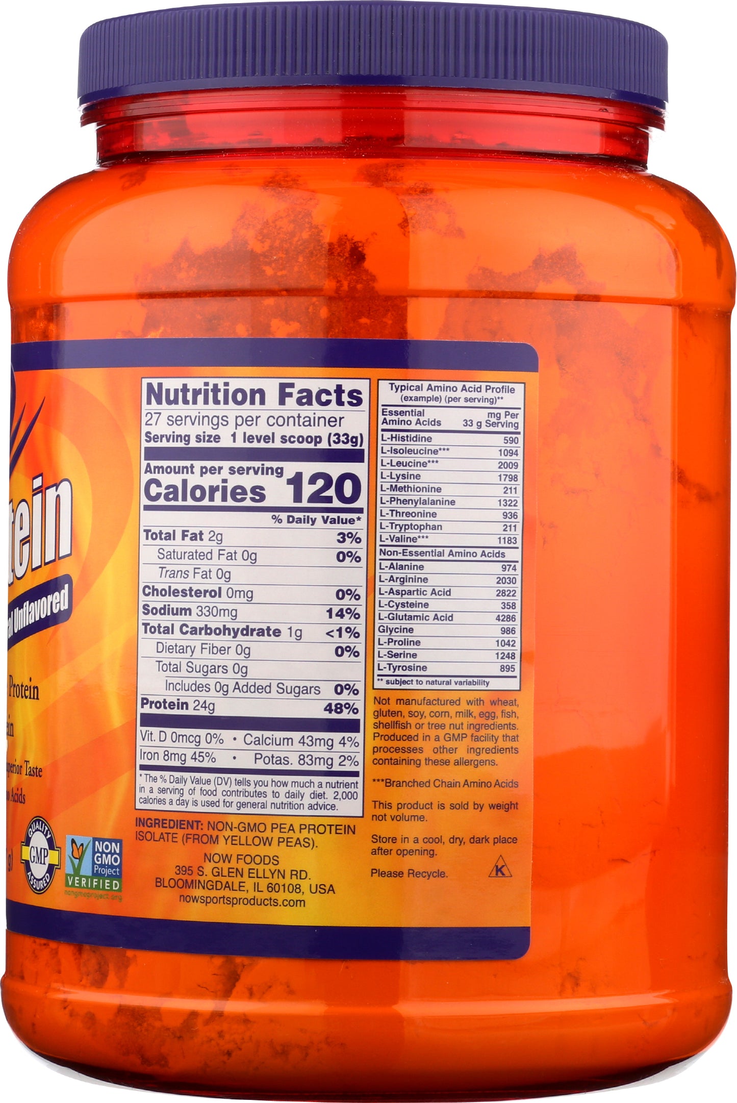 Now Sports Organic Pea Protein 2lbs Back of Tub