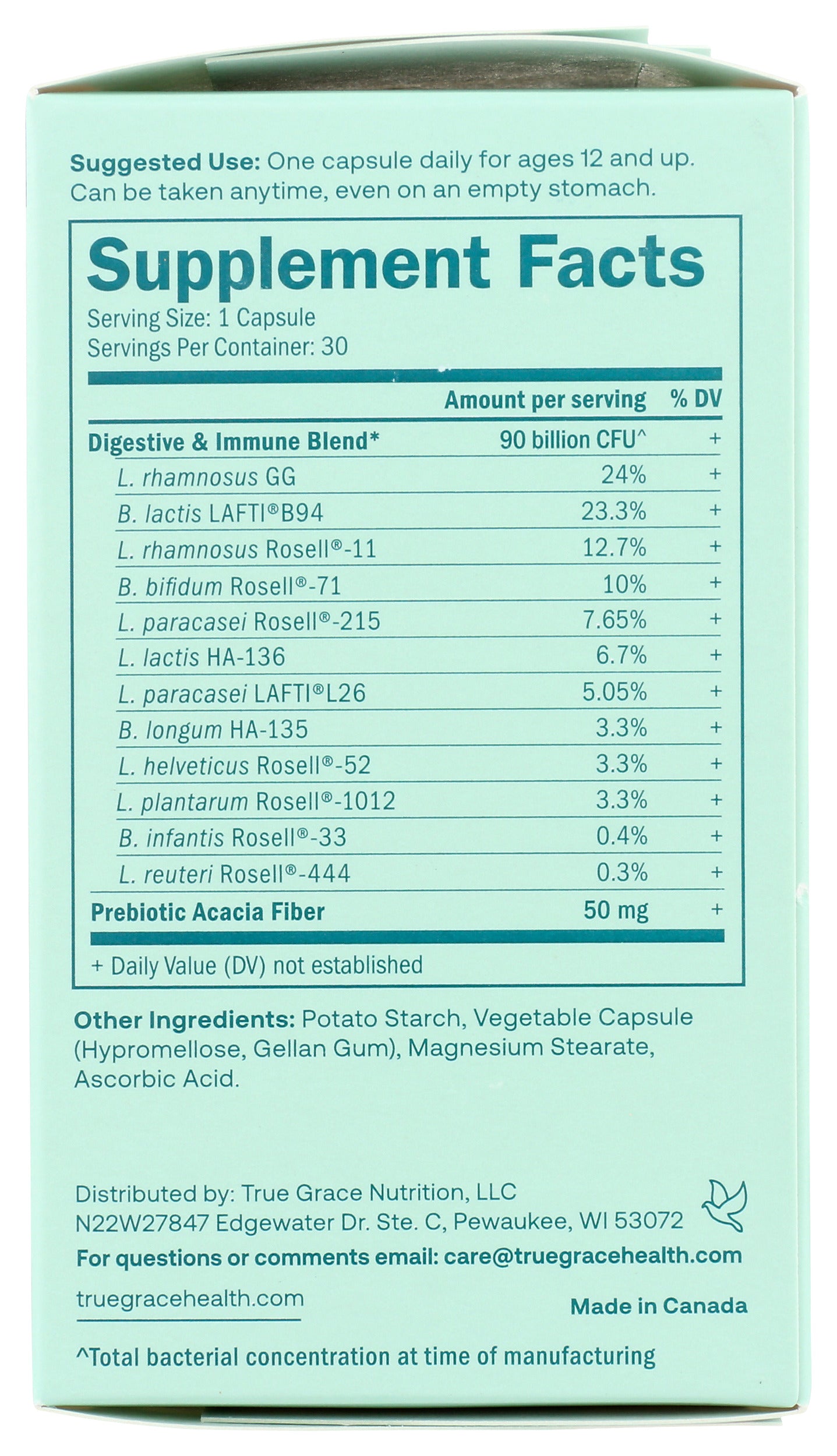 True Grace Probiotic Back of Box