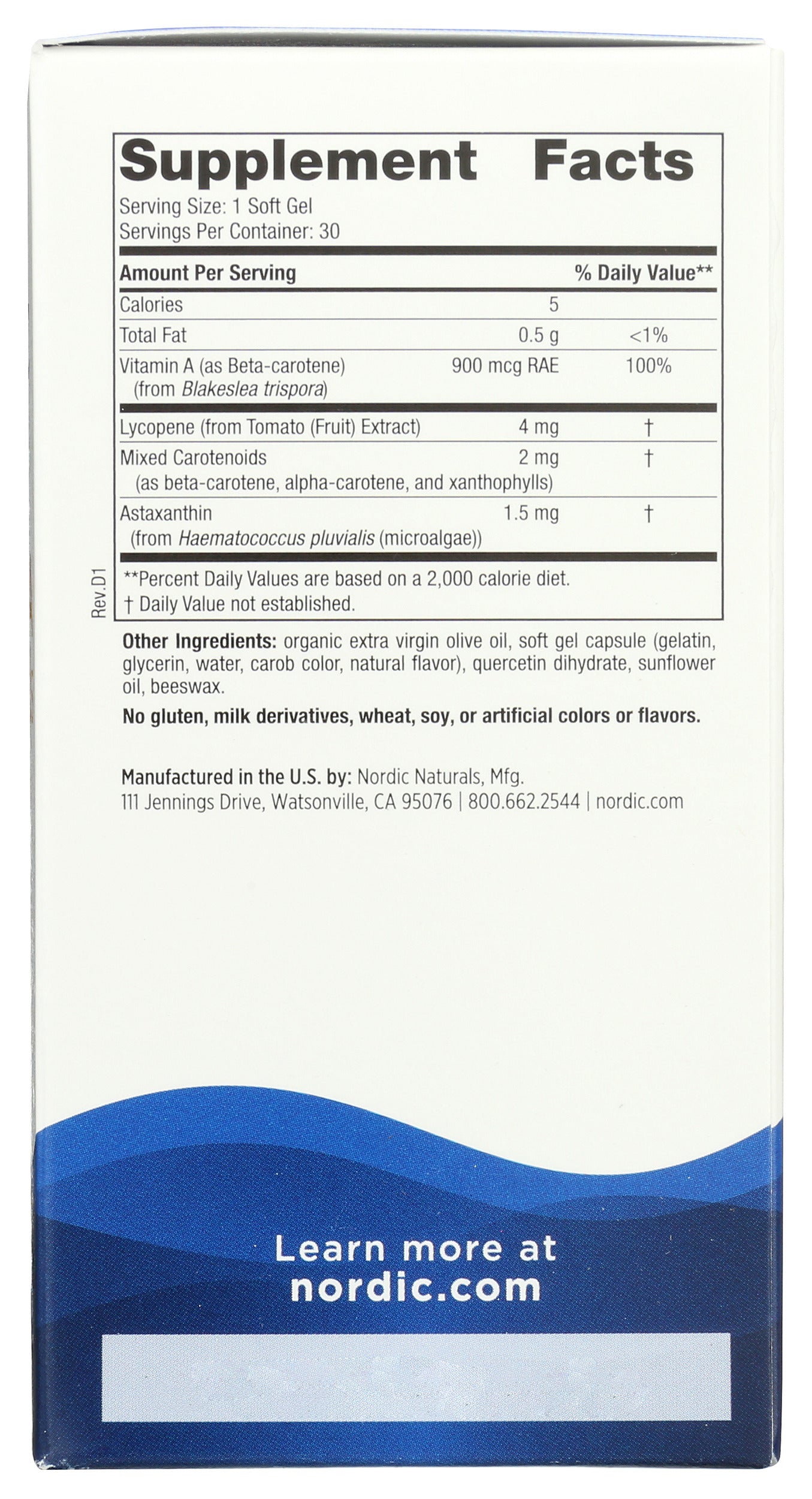 Nordic Naturals Vitamin A + Carotenoids 30 Soft Gels Back of Box