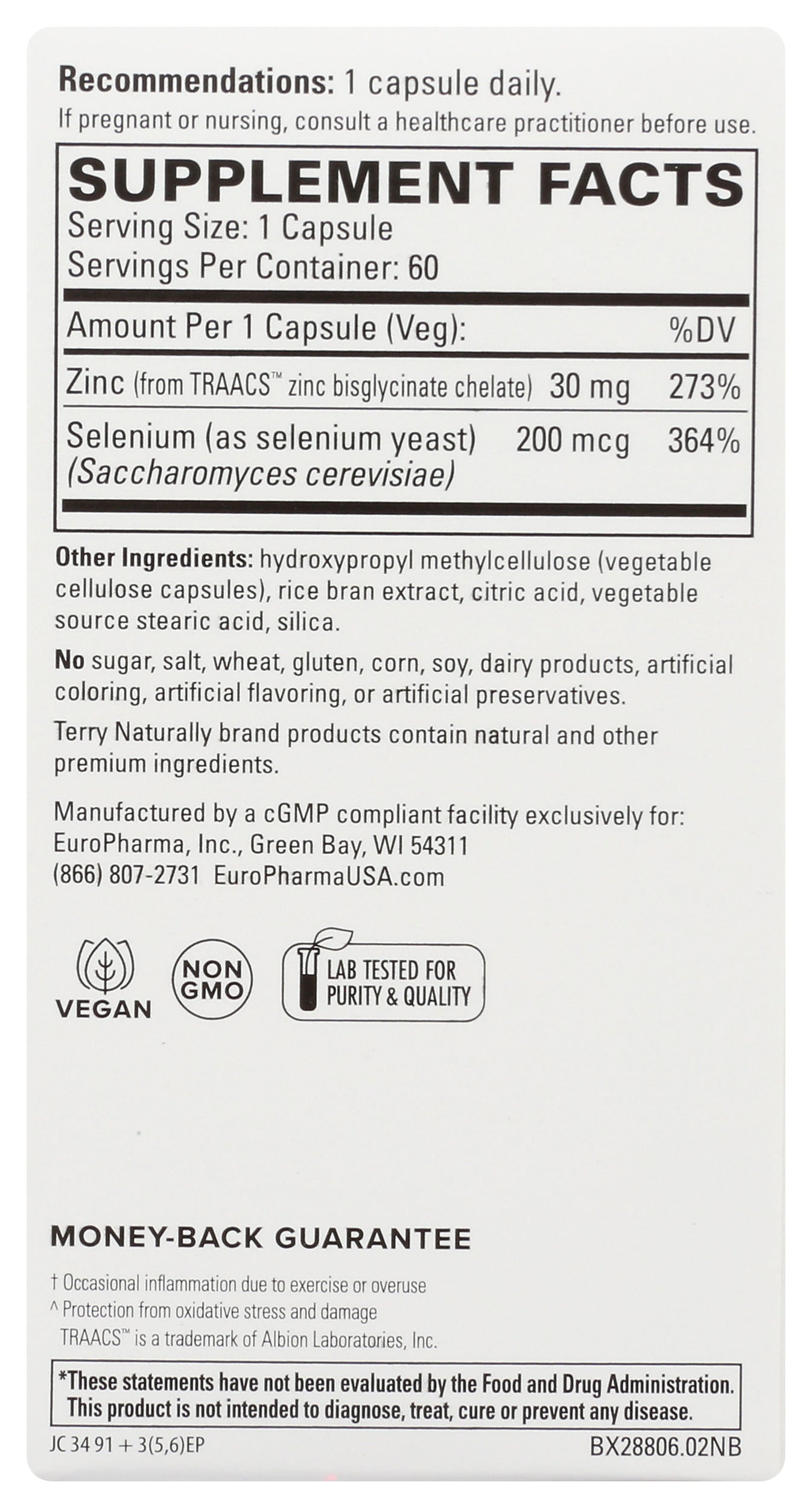 Terry Naturally Zinc Plus Selenium 60 Capsules Back of Box