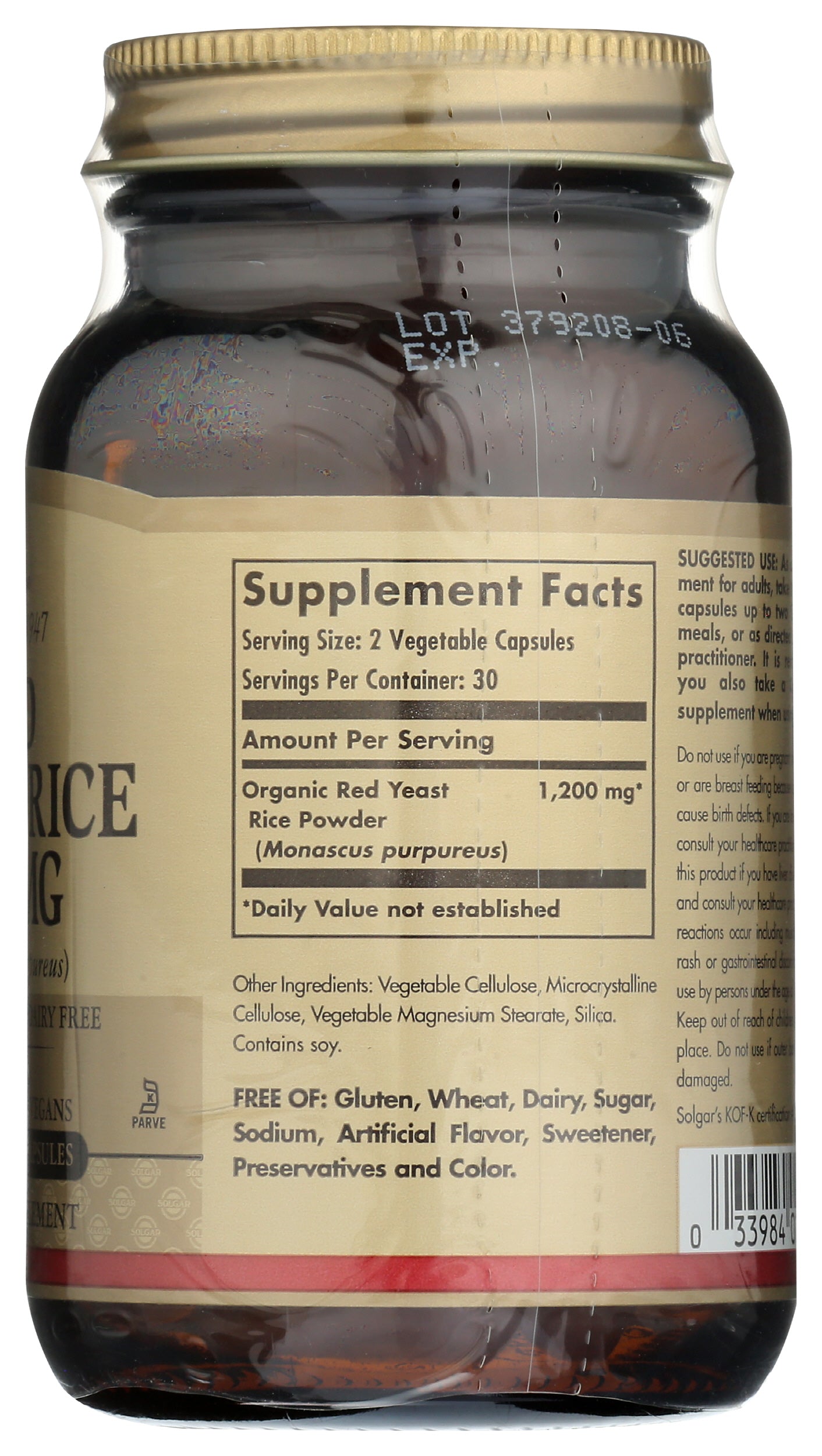 Solgar Red Yeast Rice 600 mg 60 Vegetable Capsules Back