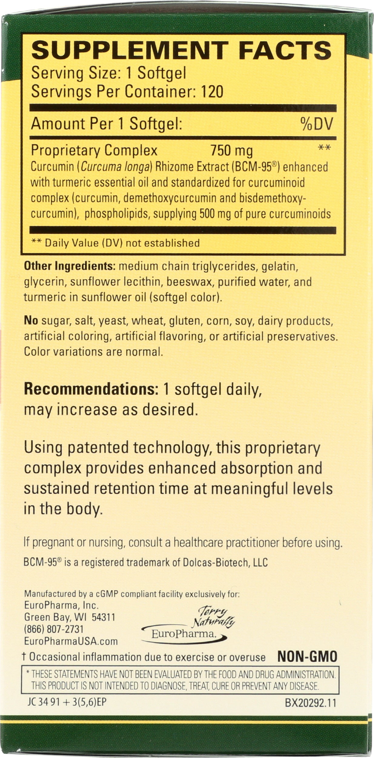 Terry Naturally CuraMed 750mg 120 Softgels Back of Box
