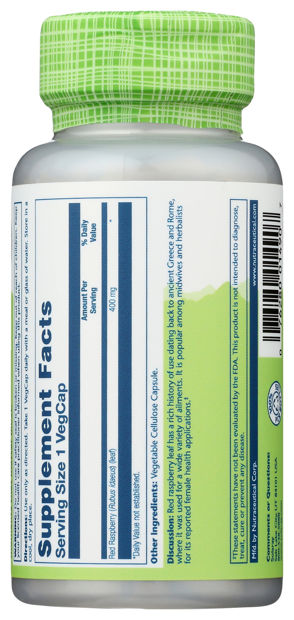 Solaray Red Raspberry Leaf 400 mg 100 VegCaps Back of Bottle