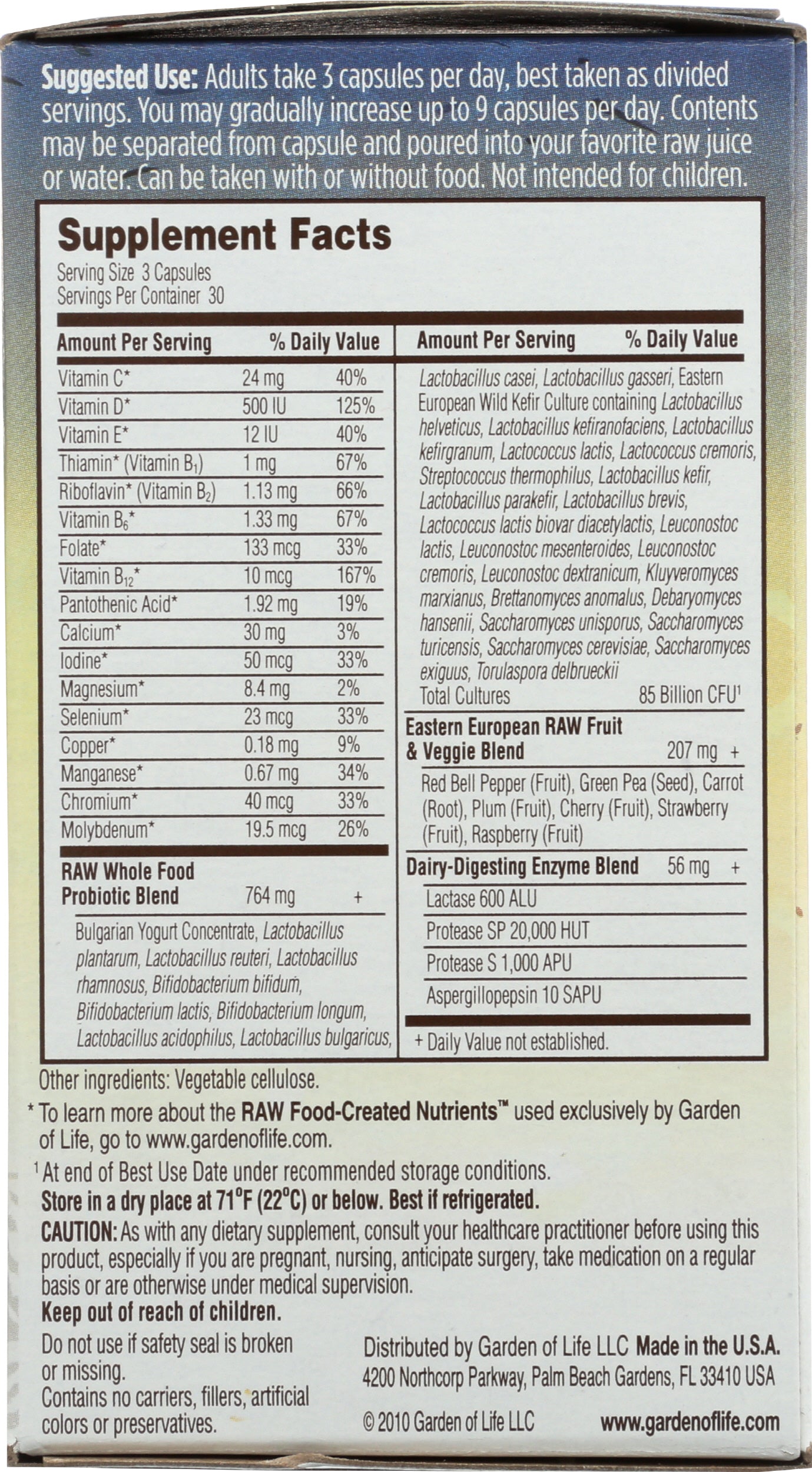 Garden of Life Raw Probiotics Women Back of Box