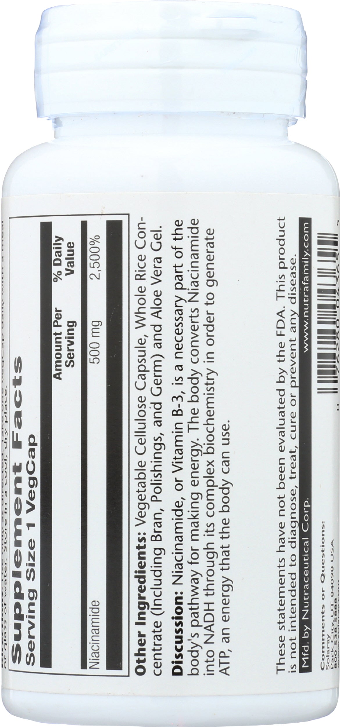 Solaray Niacinamide 500mg 100 VegCaps Back of Bottle