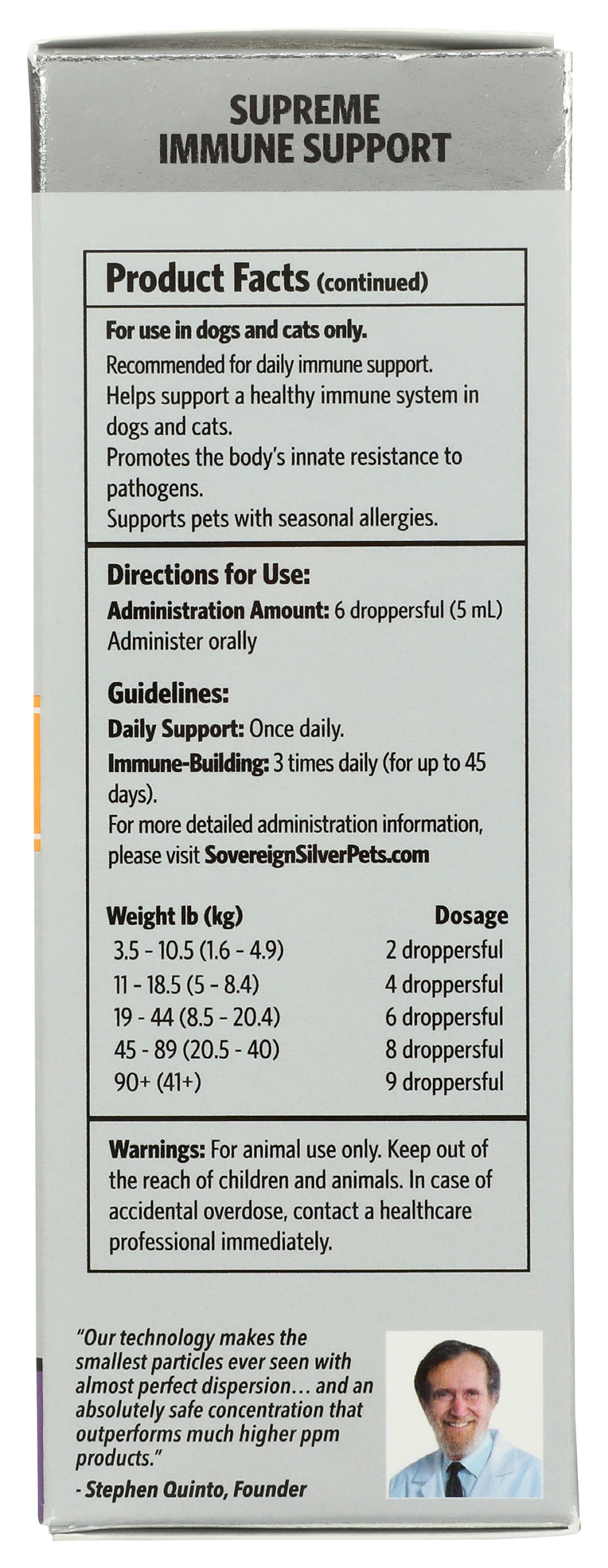 Sovereign Silver Pets Bio-Active Silver Hydrosol 4 Fl. Oz. Back of Box