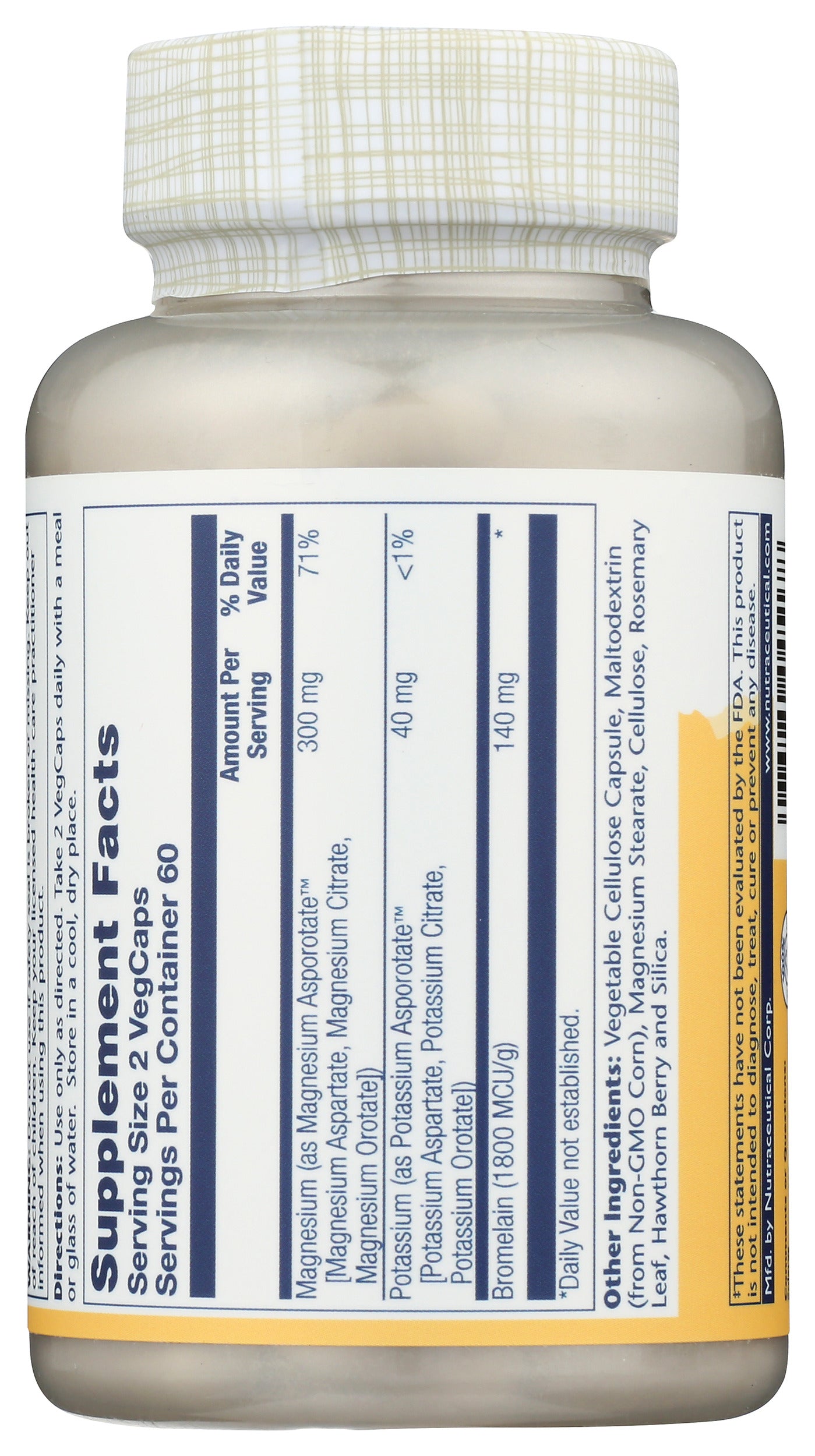 Solaray Magnesium Potassium Asporotates with Bromelain 120 VegCaps Back of Bottle