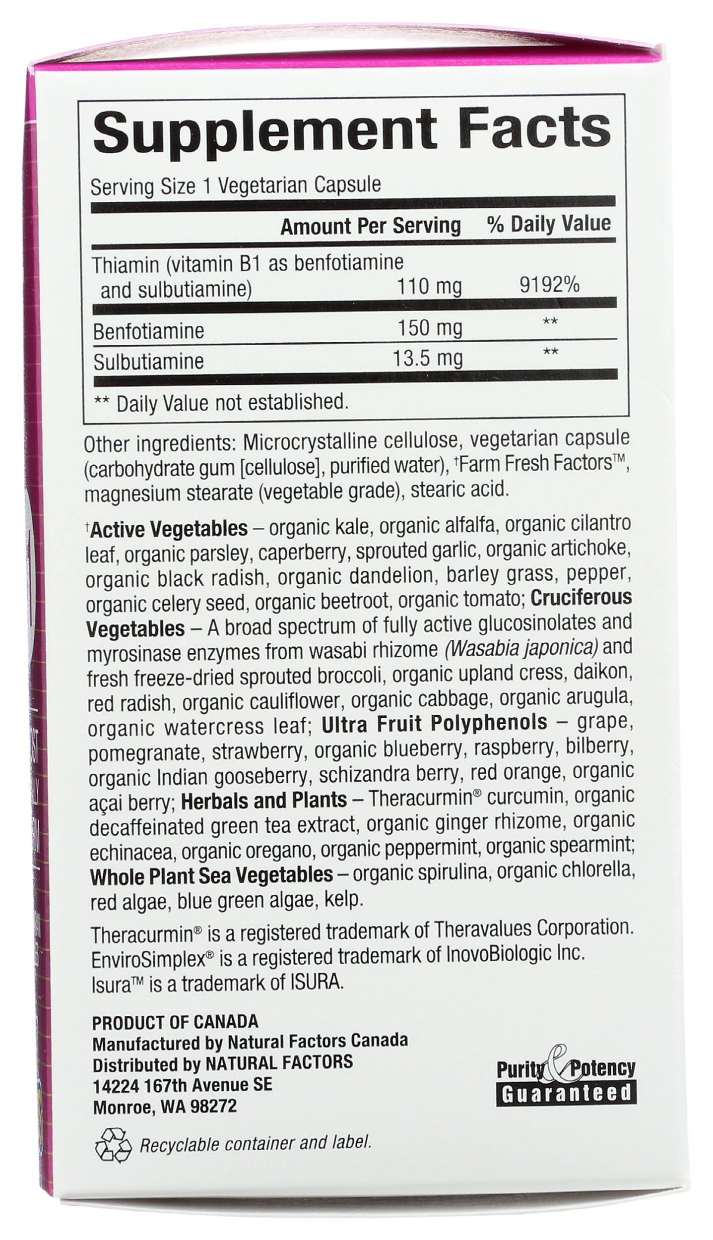 Natural Factors Benfotiamine B1 150 mg 30 Capsules Back of Box