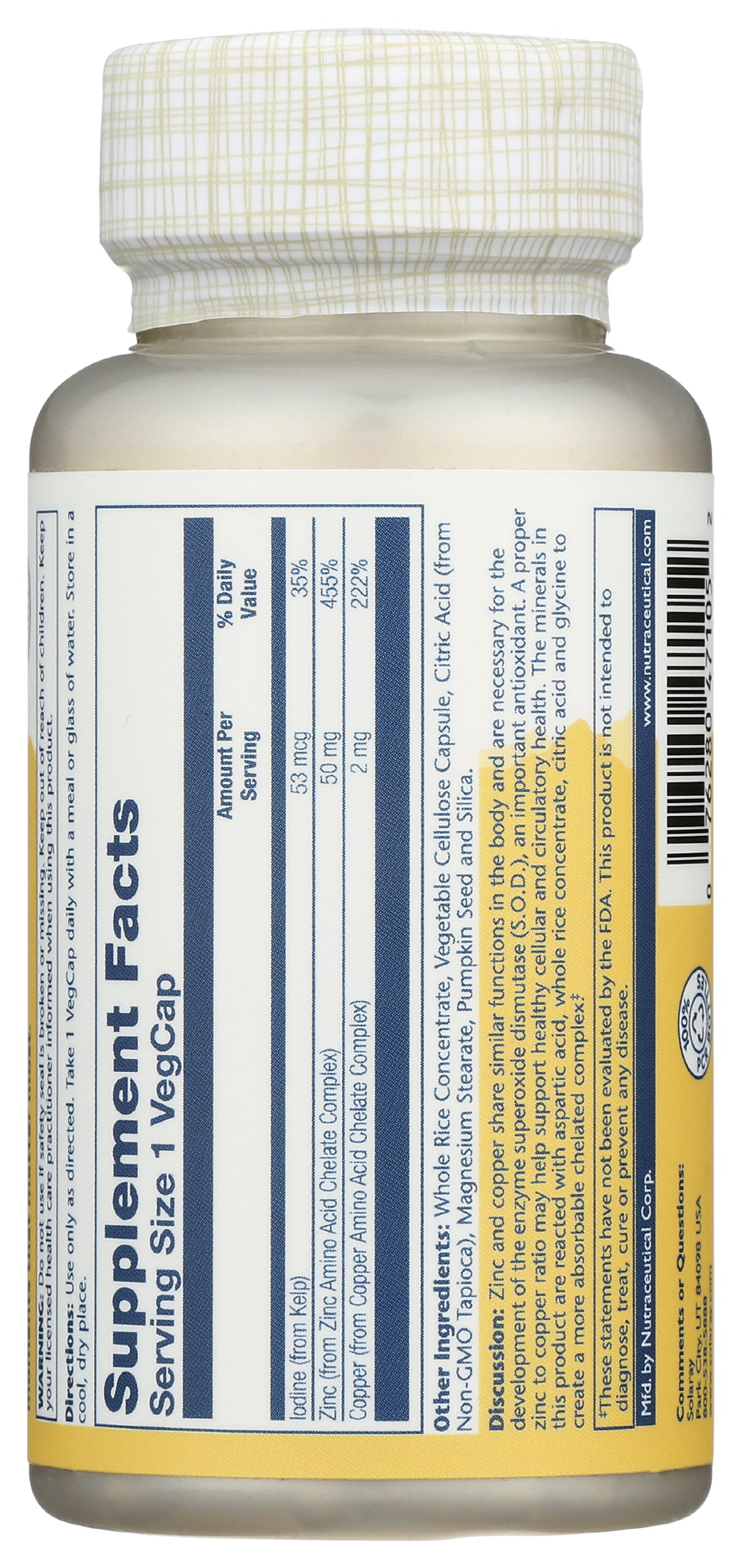 Solaray Zinc Copper with Kelp & Pumpkin Seed 100 VegCaps Back of Bottle