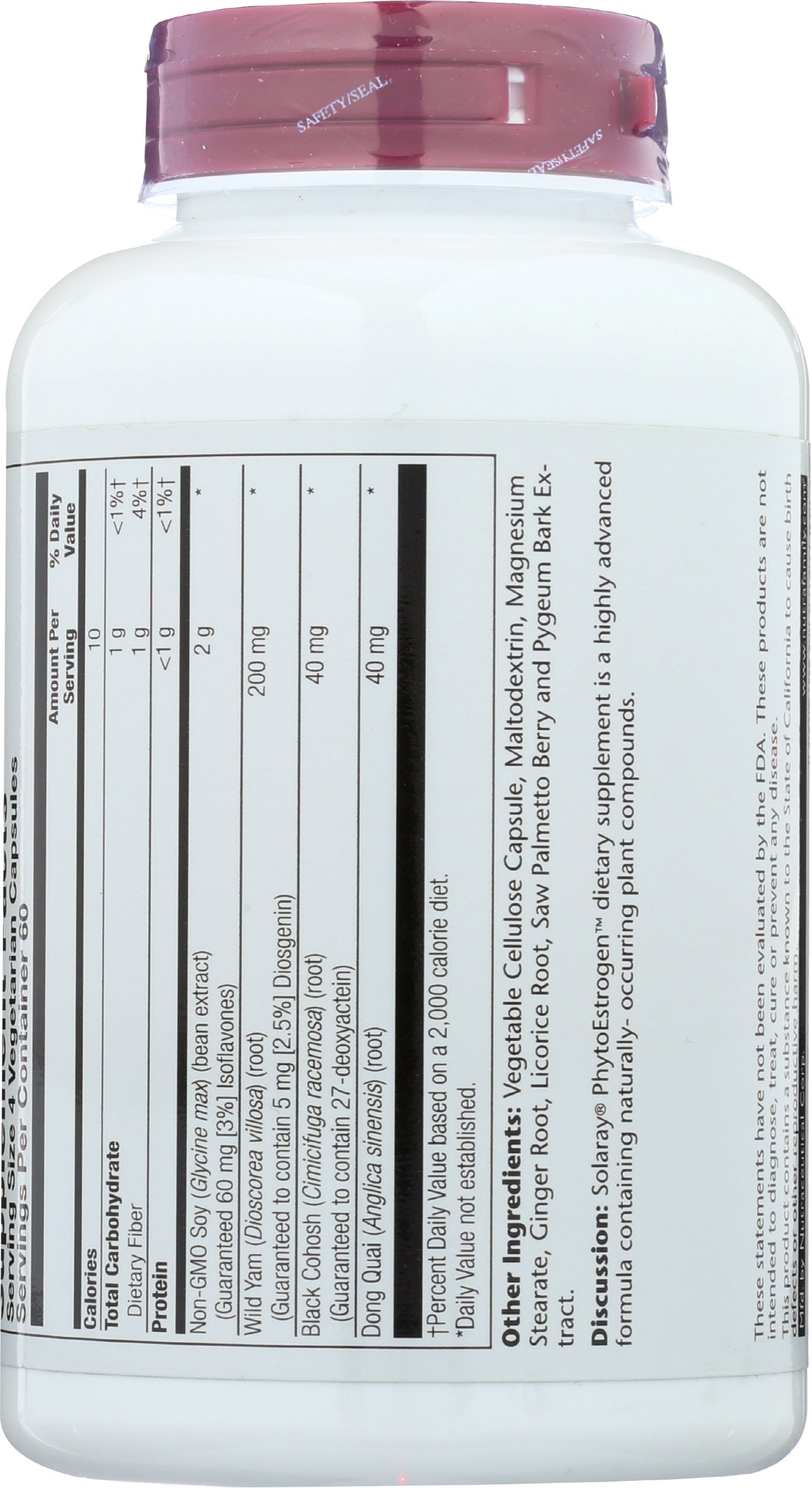 Solaray PhytoEstrogen 240 Vegetarian Capsules Back