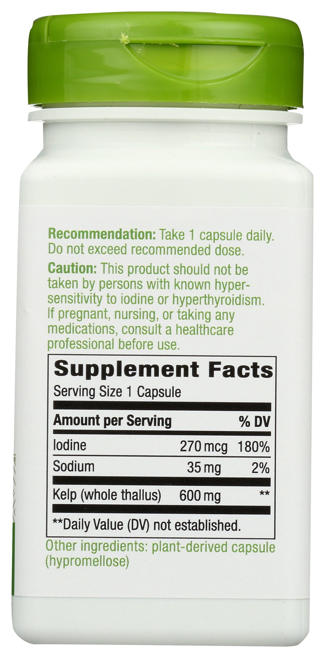 Nature's Way Kelp Whole Thallus 600mg 100 Vegan Capsules Back of Bottle