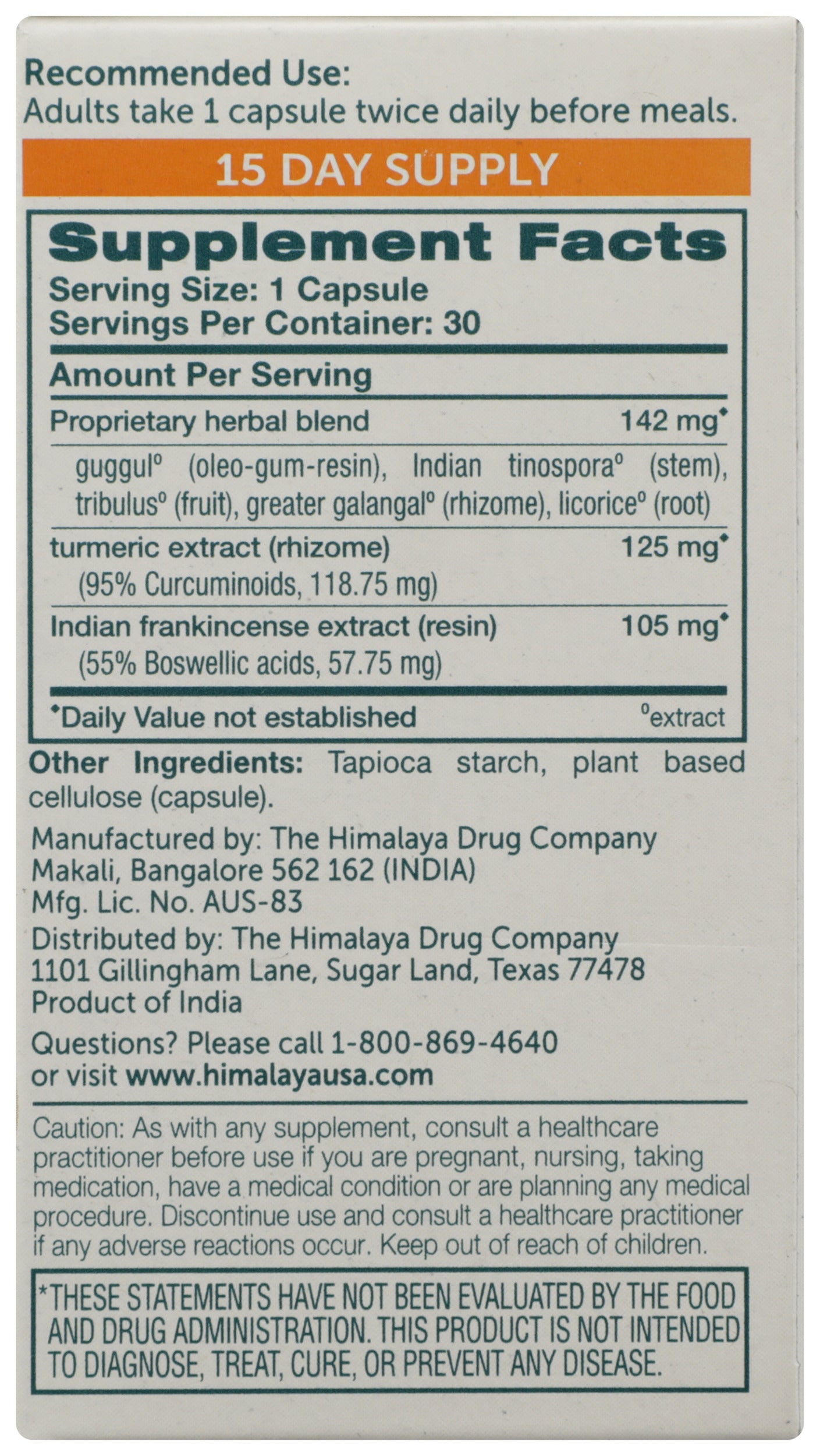 Himalaya Curcumin Complete 30 Vegetarian Capsules Back of Box