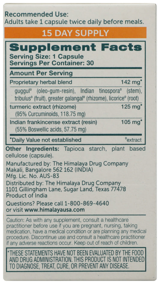 Himalaya Curcumin Complete 30 Vegetarian Capsules Back of Box