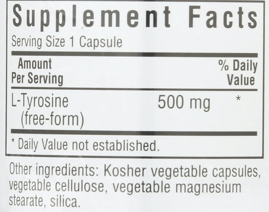 Bluebonnet L-Tyrosine 500 mg 50 Vegetable Capsules Back