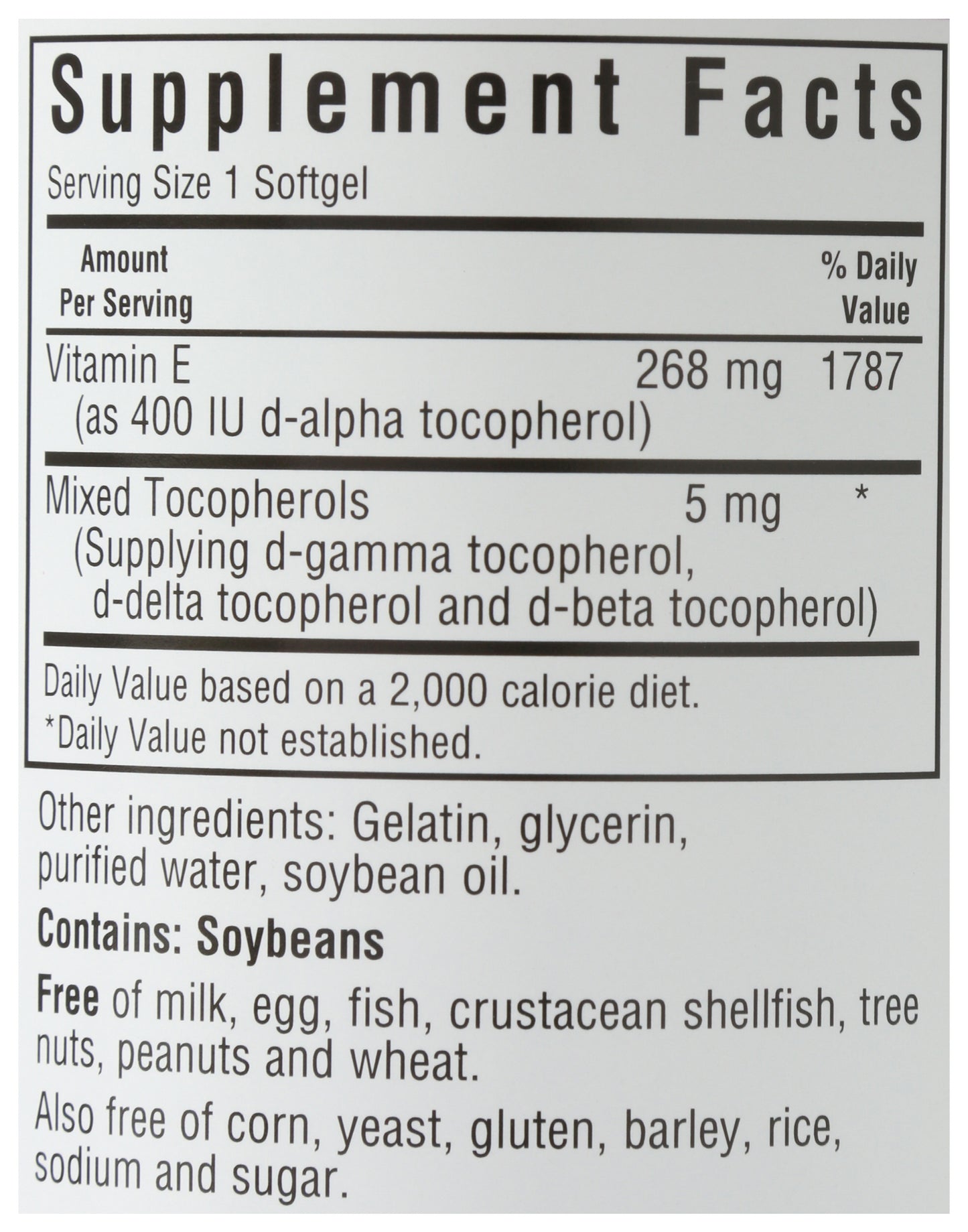 Bluebonnet Vitamin E 268mg 100 Softgels Back of Bottle