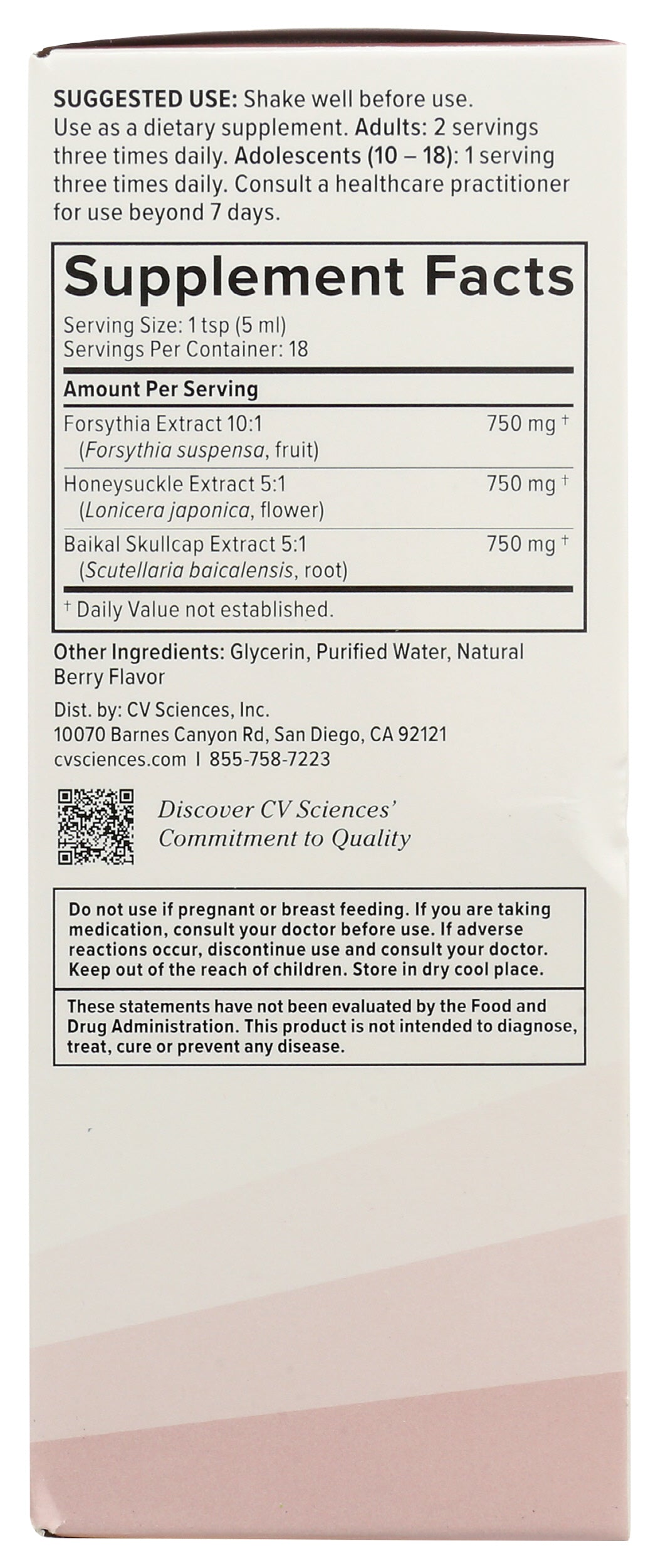 CV Sciences CV Acute 3 fl oz back of box