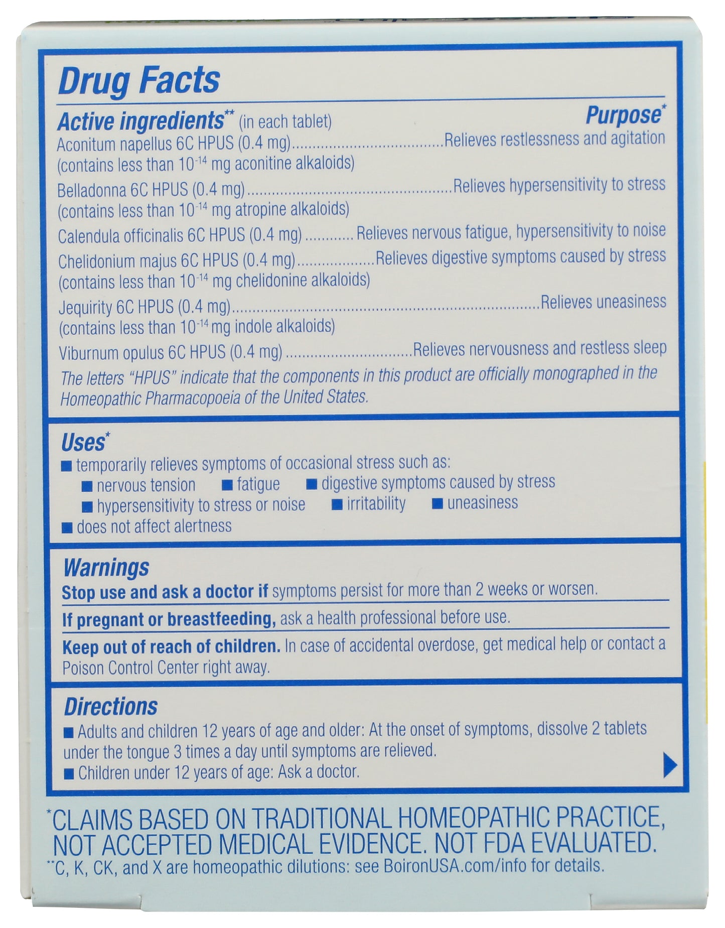 Boiron Stress Calm 60 Tablets Back