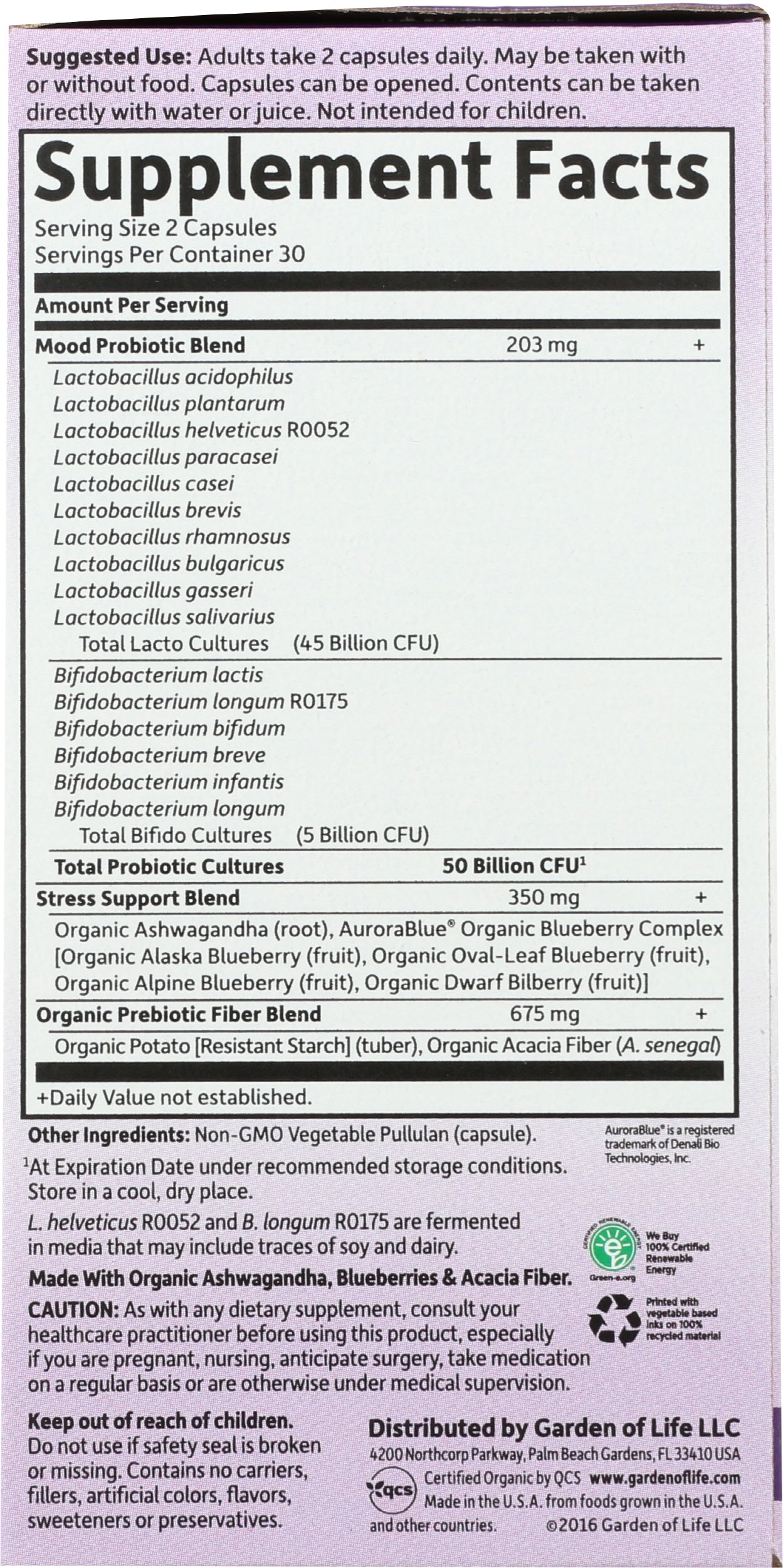 Garden of Life Probiotics Mood+ Back of Box
