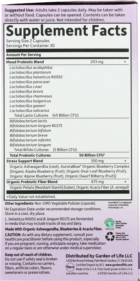 Garden of Life Probiotics Mood+ Back of Box