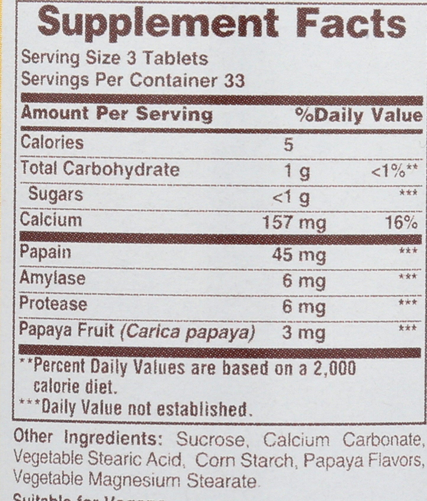 American Health Original Papaya Enzyme 100 Tablets Back