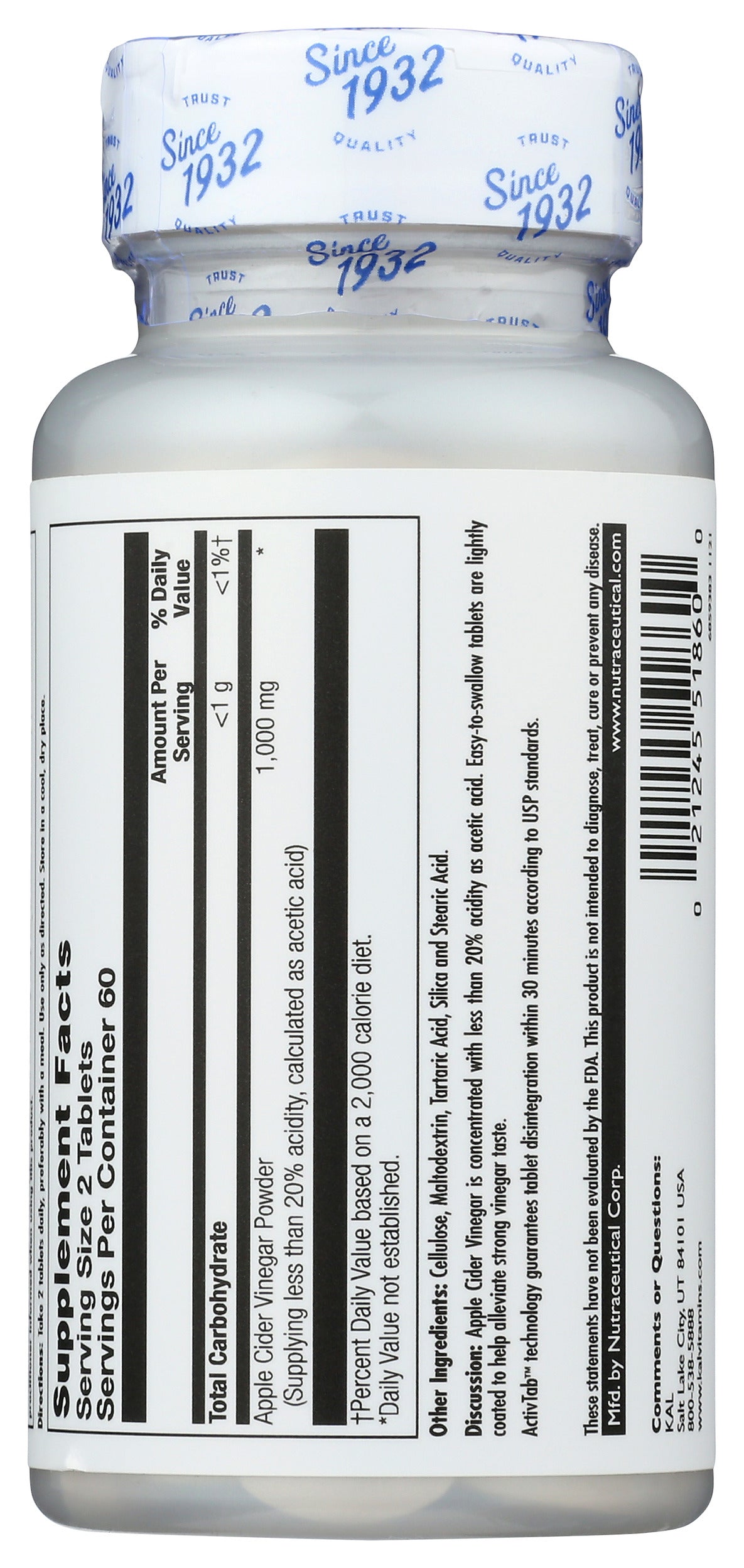 KAL Apple Cider Vinegar 1000mg 120 Tablets Back