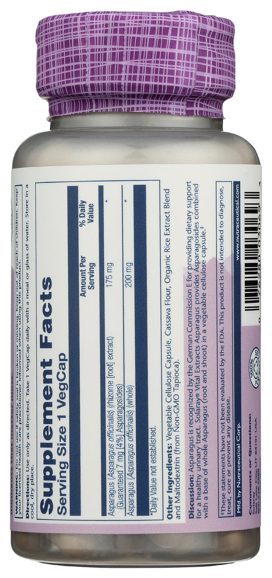Solaray Asparagus Rhizome Extract 175 mg 60 VegCaps Back of Bottle