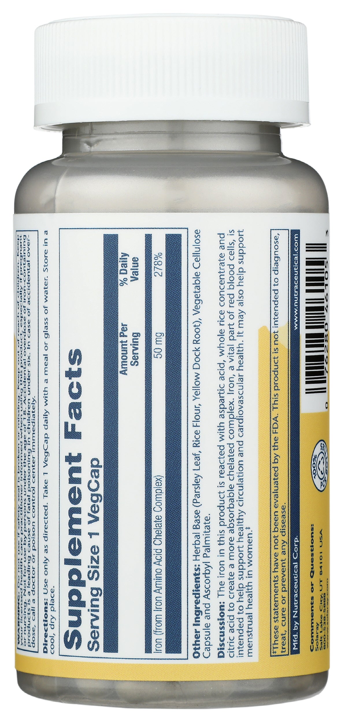 Solaray Iron 50mg 60 VegCaps Back of Bottle