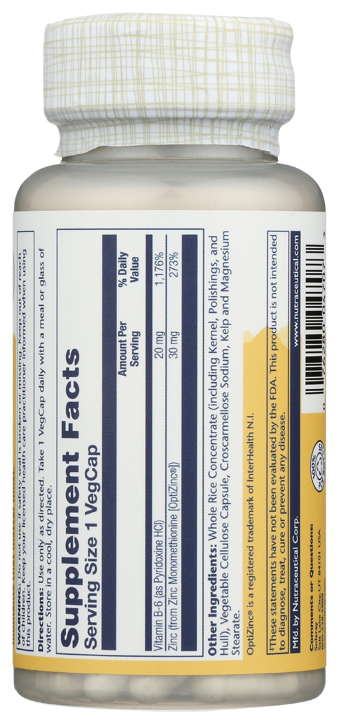 Solaray OptiZinc 30mg 60 VegCaps Back of Bottle