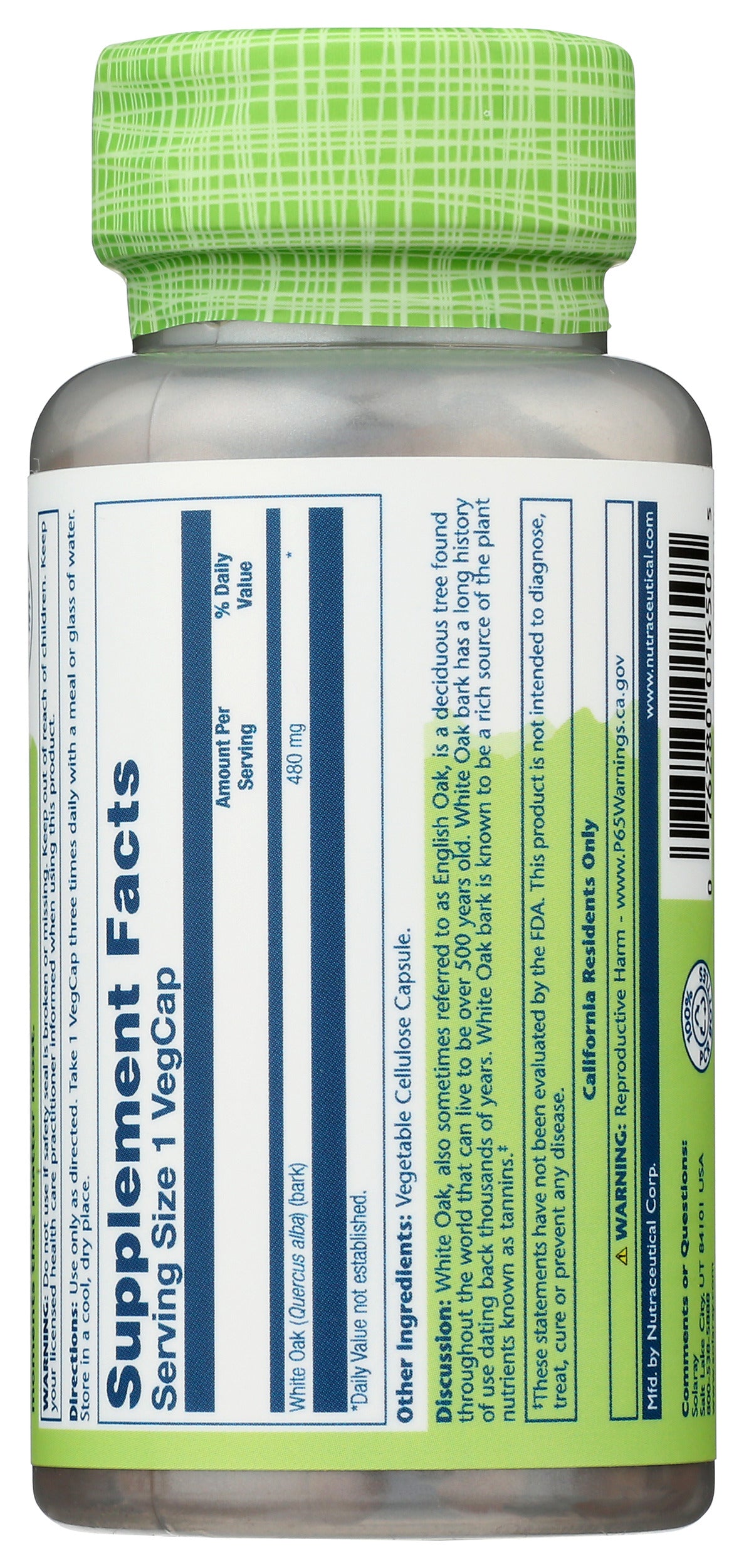 Solaray White Oak Bark 480mg 100 VegCaps Back of Bottle