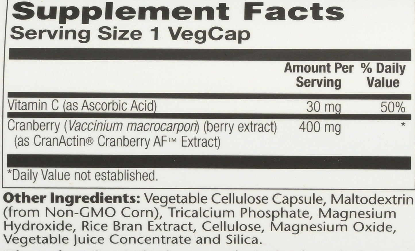 Solaray CranActin 400mg 180 VegCaps Back of Bottle