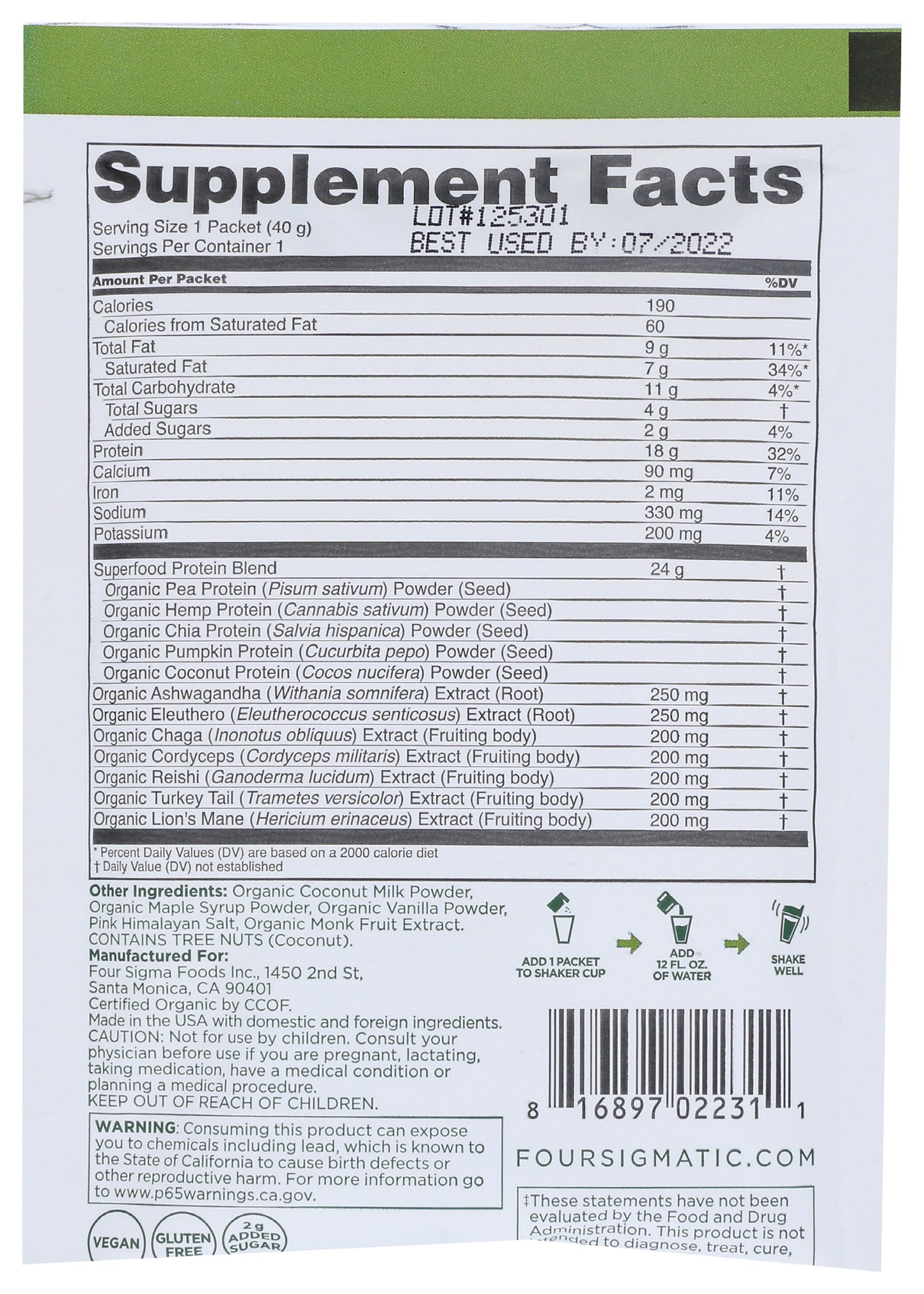 Four Sigmatic Plant-Based Protein Powder Sweet Vanilla Flavor 40g Back of Packet