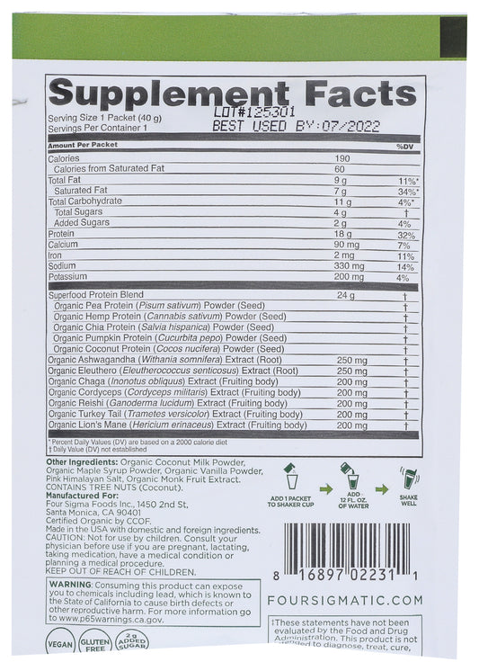 Four Sigmatic Plant-Based Protein Powder Sweet Vanilla Flavor 40g Back of Packet