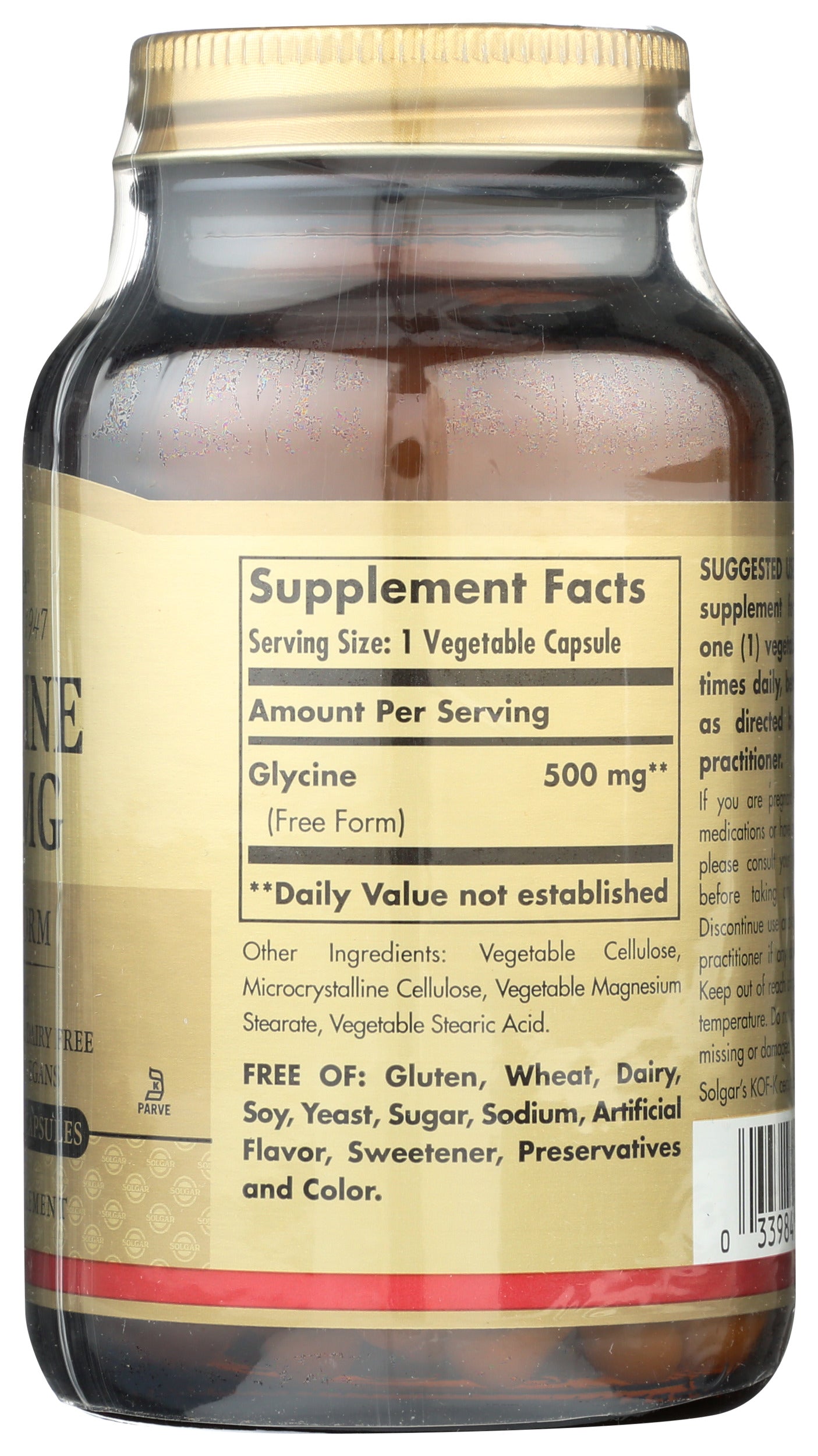 Solgar Glycine 500 mg 100 Vegetable Capsules Back