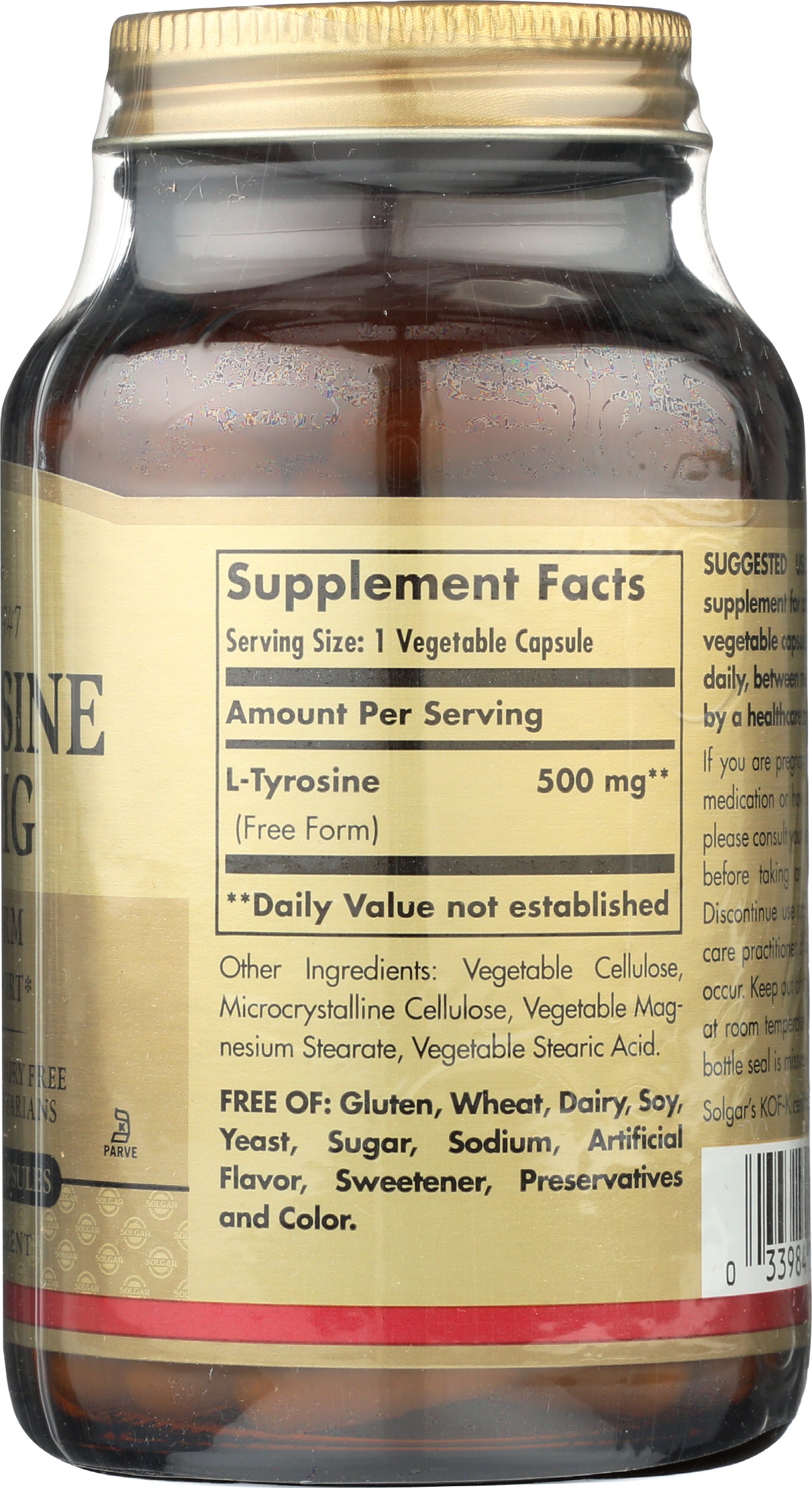 Solgar L-Tyrosine 500 mg 100 Vegetable Capsules Back