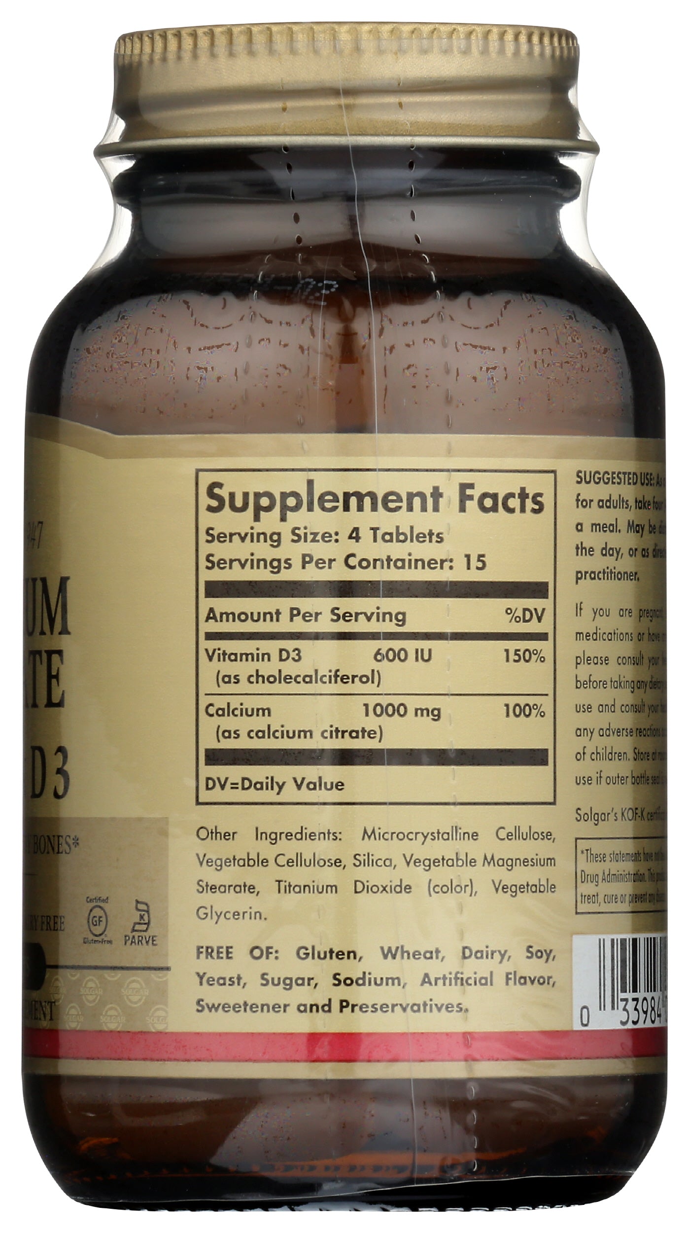 Solgar Calcium Citrate with Vitamin D3 60 Tablets Back of Bottle