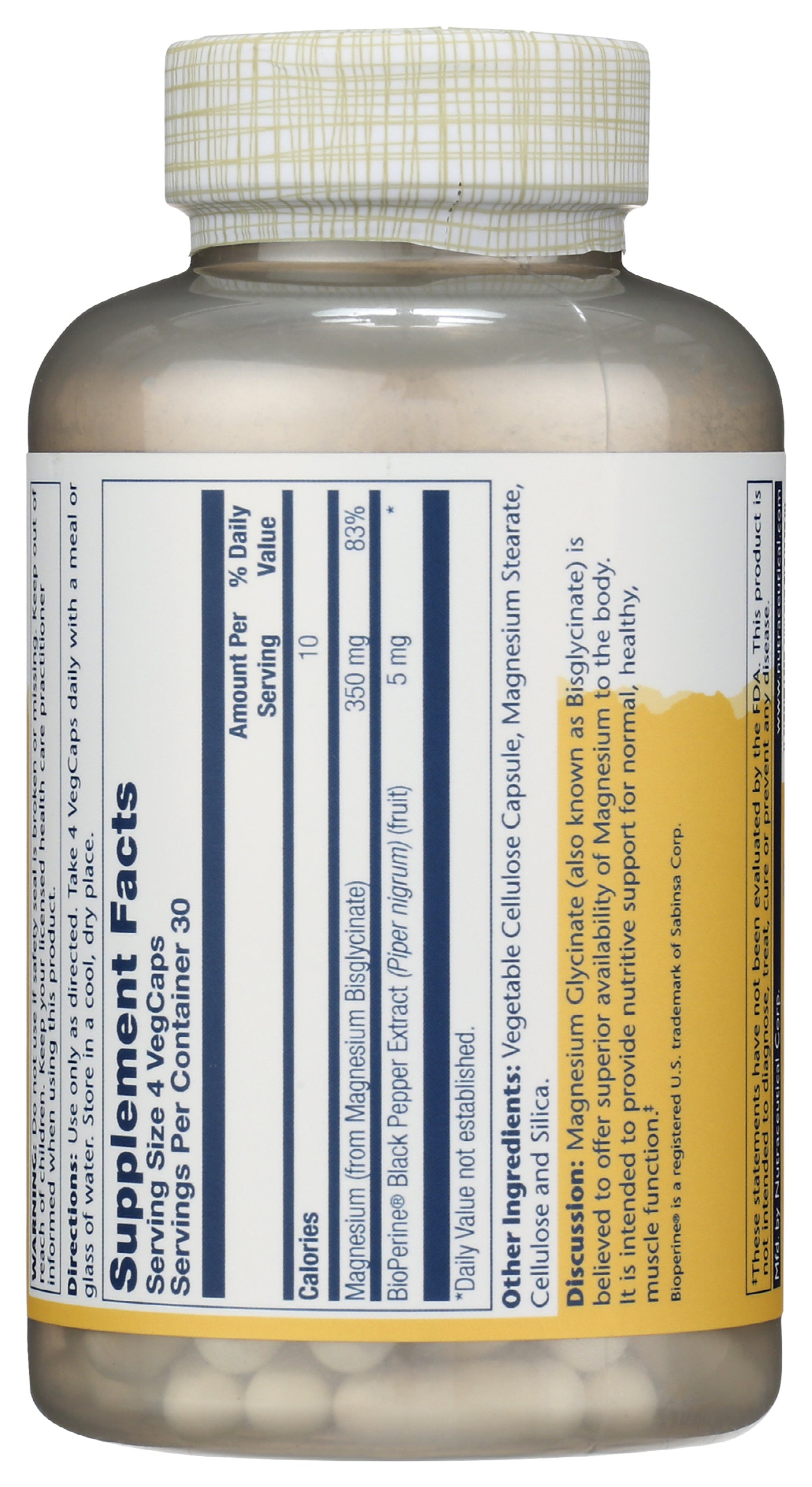 Solaray Magnesium Glycinate 350mg 120 VegCaps Back of Bottle